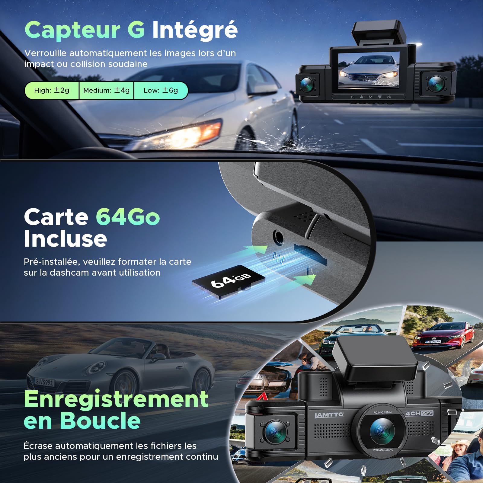 LAMTTO 4 Canaux Dashcam Voiture 360°, Caméra Voiture 2K Avant 1080P Arrière Côtés Intérieur, Wi-FI 5GHz, Capteur G Surveillance de Parking, Hardwire Kit - Idéal pour VTC, Taxi et Sécurité Routière