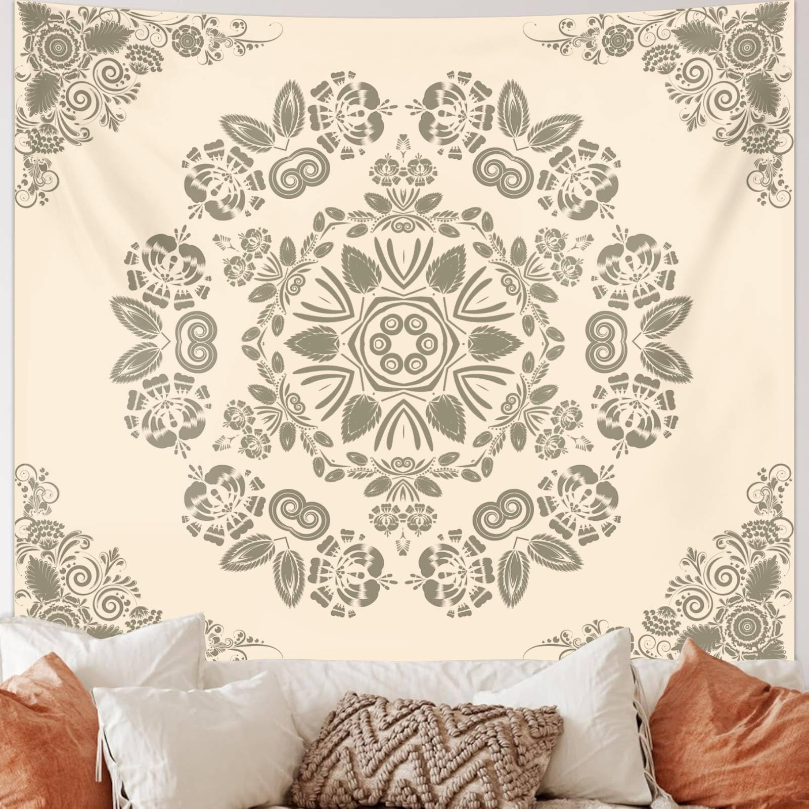 Avinly Boho Mandala Tapestry for Bedroom Aesthetic, Bohemian Ceiling Floral Tapestries Room Decor, Beige Hippie Vertical Wall Hanging for Living Room