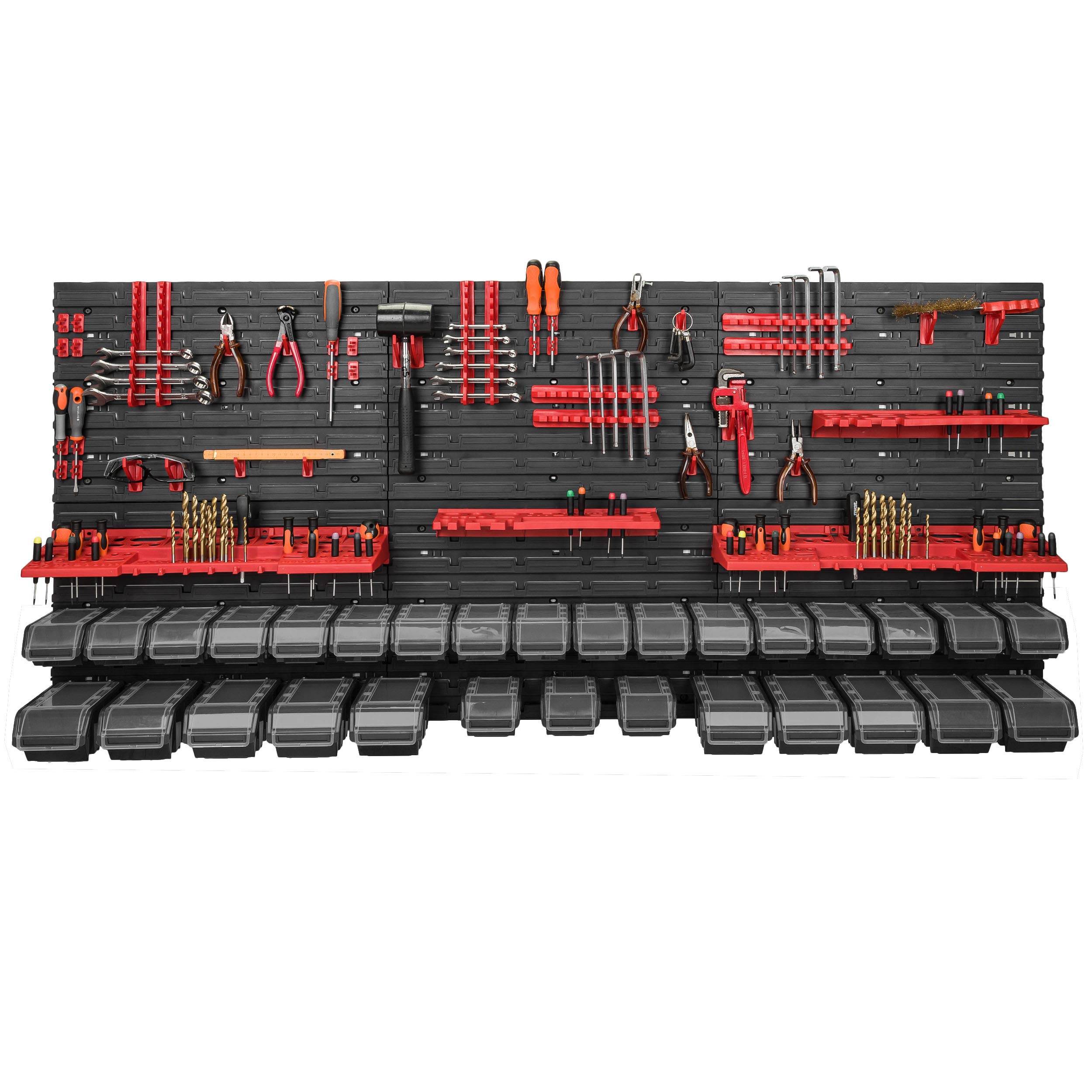 Estantería de Pared Botle de 178 x 78 cm, Kit de Almacenamiento con 30 Cajas de Plástico Negro con Tapa Transparente, Portaherramientas para Taller y Banco de Trabajo