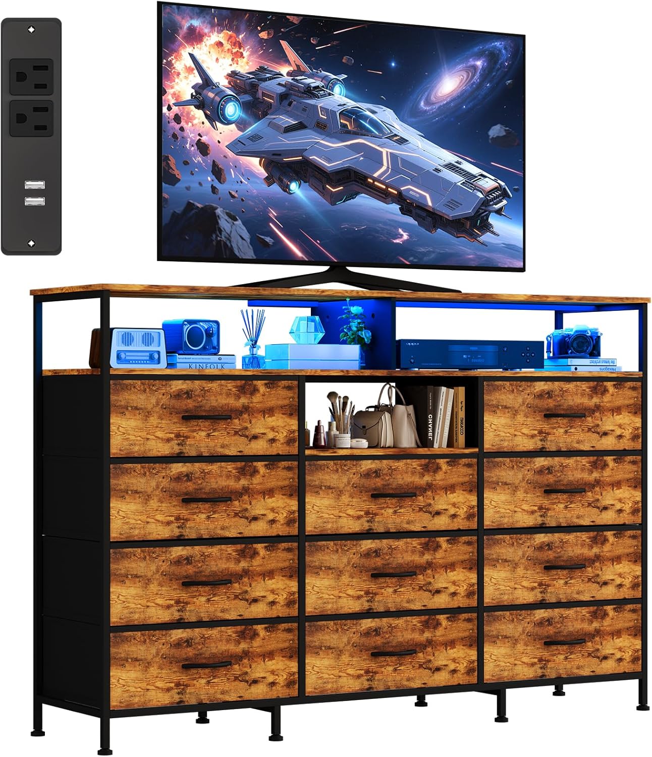 Dresser for Bedroom with LED Lights & Charging Station, 11 Drawer Dressers & Chests of Drawers, Steel Frame, Wood Top, 55 ” Fabric Dresser TV Stand for Bedroom,Hallway, Storage Organization, Entryway
