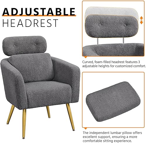 Miniatura 5 de Yaheetech Silla decorativa, acogedora silla de sala de estar con reposacabezas ajustable, silla de tocador Boucle con almohada lumbar y patas