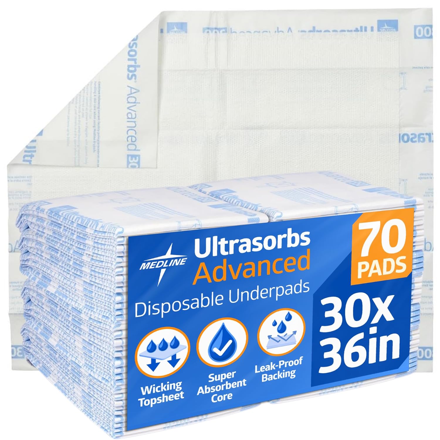 Medline Advanced Ultrasorbs Drypads, 30" x 36", 70 Count, Large Disposable Bed Pads, Incontinence Bed Pads, Super Absorbent Chucks For Adults, Elderly, 300 lb Weight Capacity 70 Count (Pack of 1)