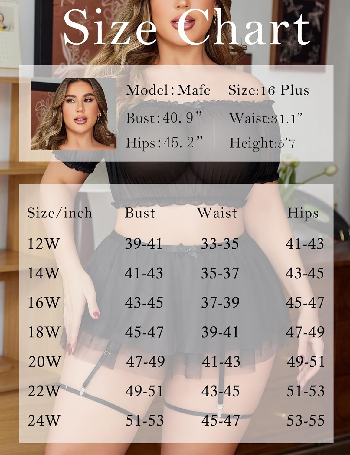 Avidlove Plus Size Garter Lingerie Set Mesh Ruffle Cosplay Lingerie with Mini Skirt 3 Piece Lingerie Set - Image 6