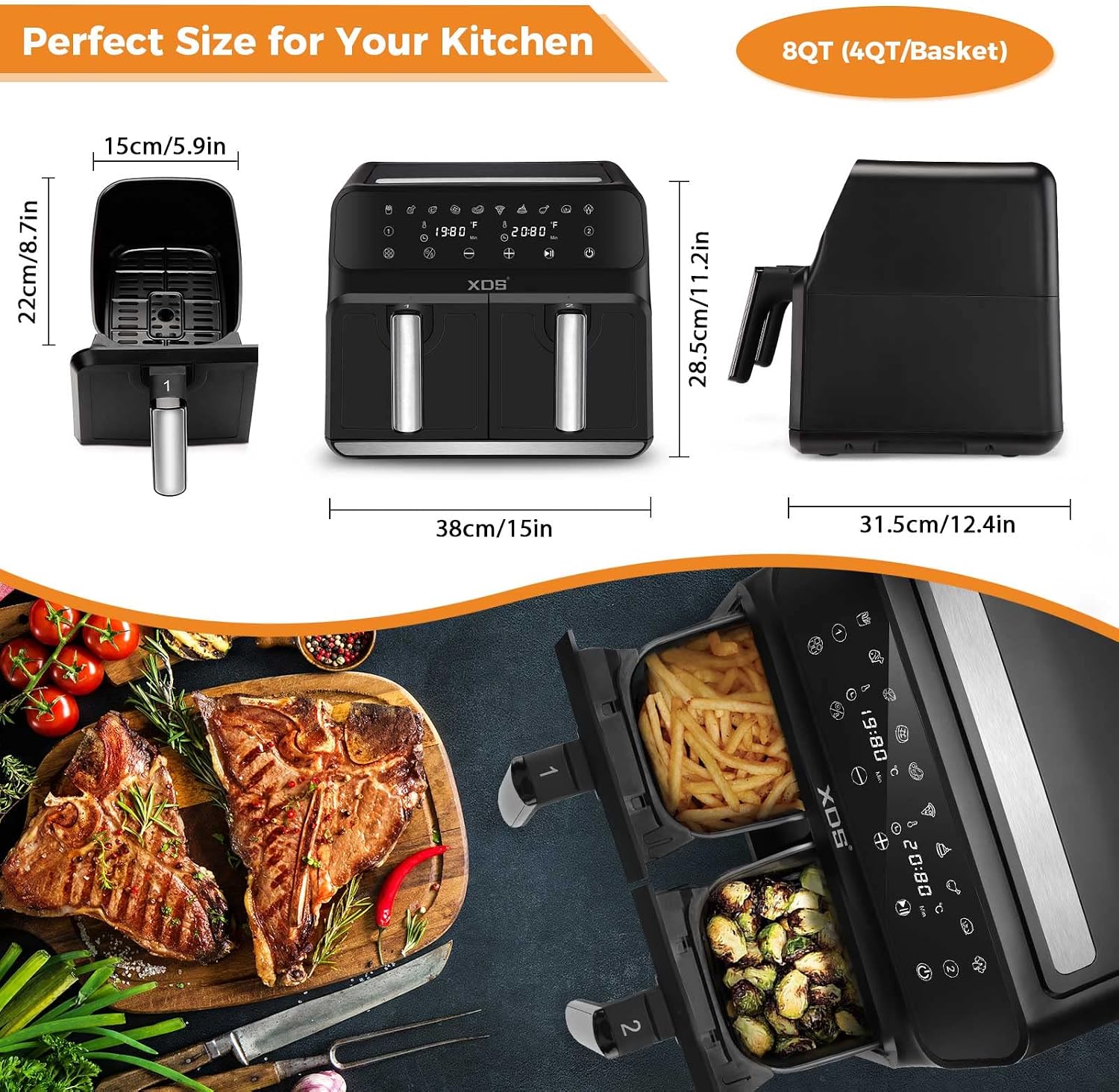 Diagram showing dimensions of the XDS Air Fryer and its baskets