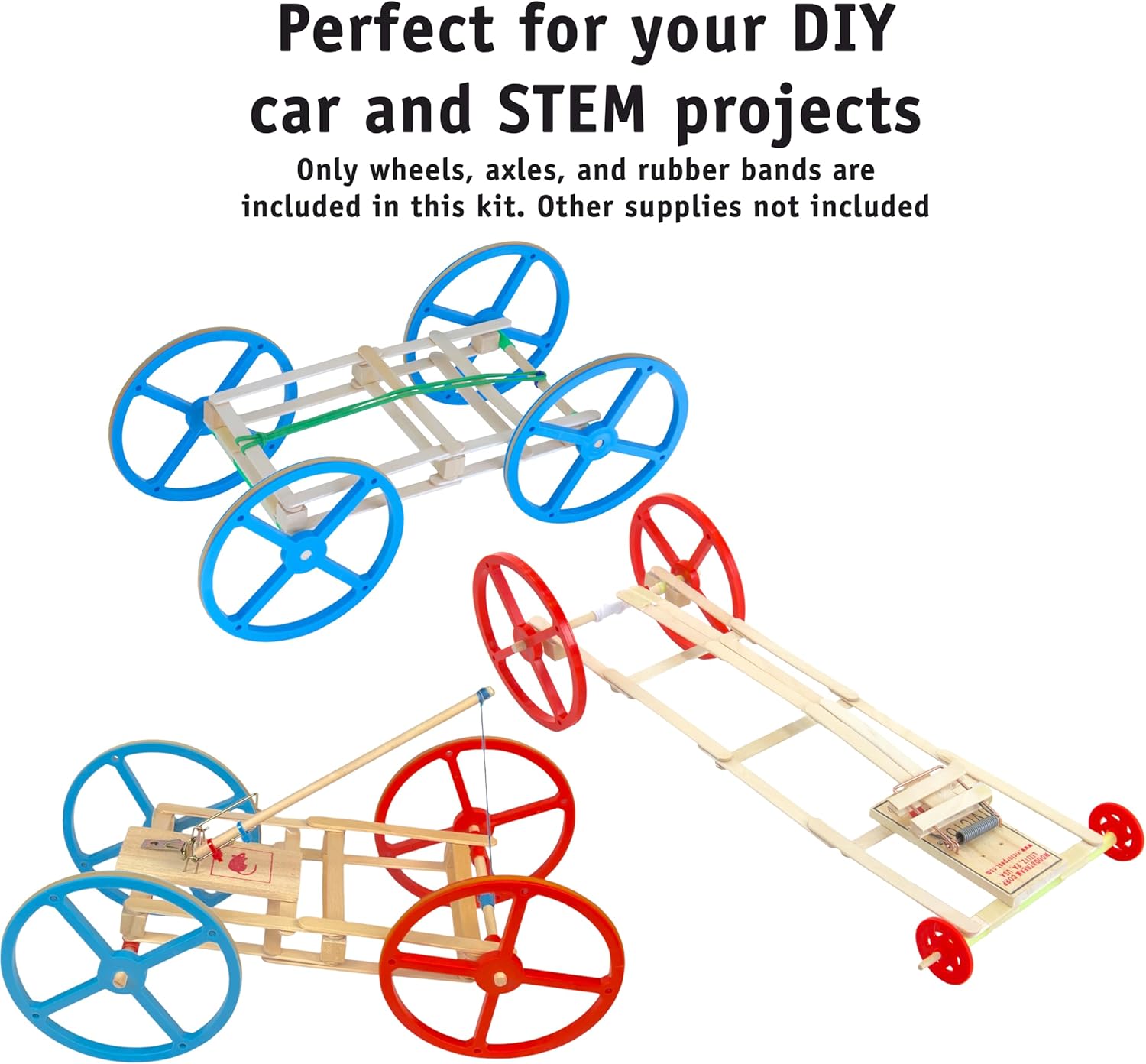Large Plastic Toy Project Wheels and Axles, for Mousetrap Car and Rubber Band Car Projects, 20 Wheels, 20 Rubber Bands, 10 Dowels
