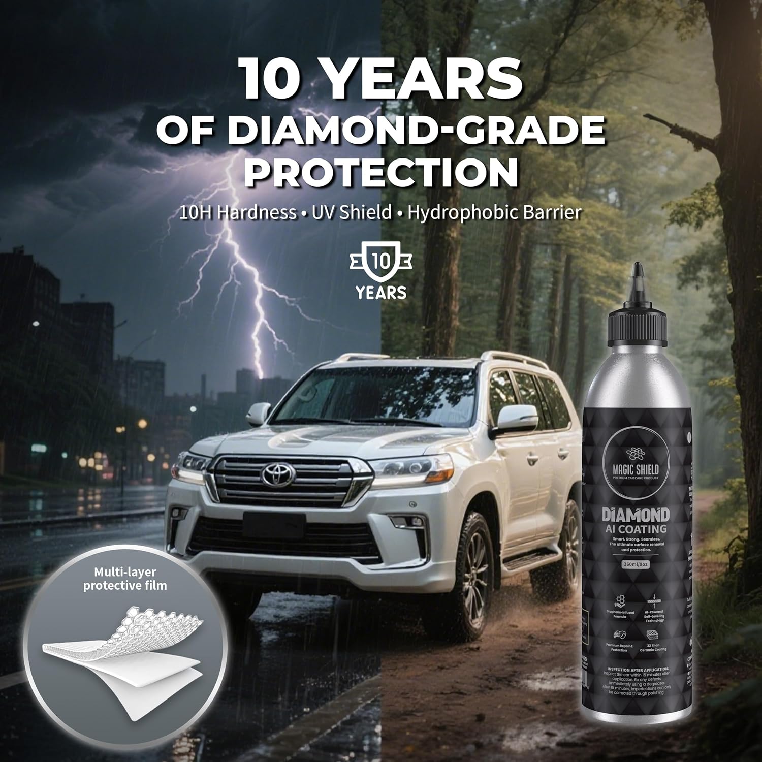 Magic Shield Diamond AI Coating – Graphene Liquid Self-Leveling Techology | Repairs & Protects | Last for 10 Years | High-Gloss Shine | Hydrophobic & Scratch-Resistant | for Car Paint, Headlights ONLY