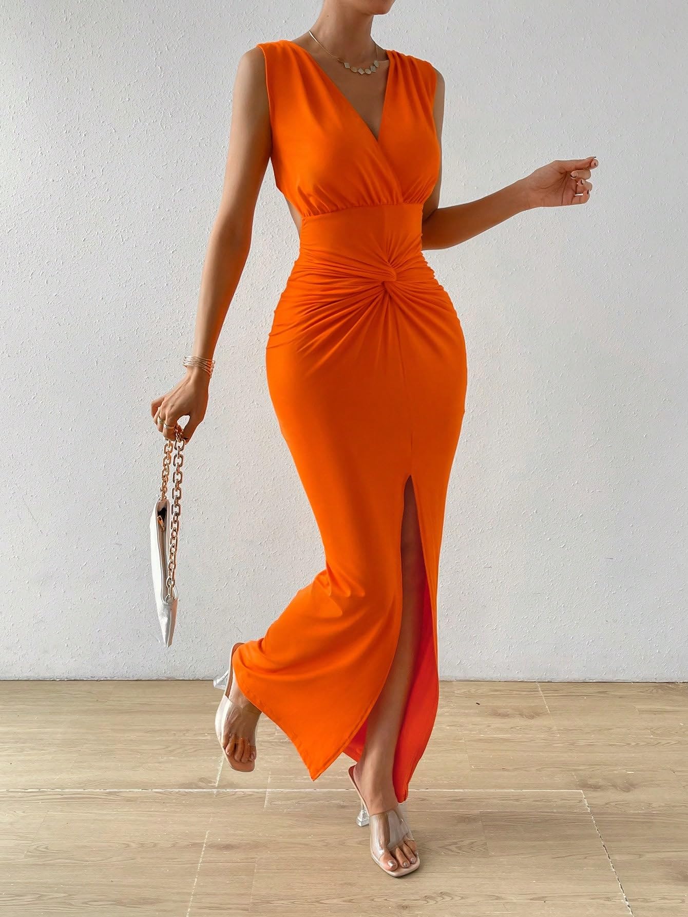 Amazon.com: Neeno Women's Dresses Twist Front Split Thigh Tank Dress for  Women Sexy V Neck Sleeveless High Waist Long Dress Dress for Women (Color :  Orange, Size : X-Large) : Clothing, Shoes