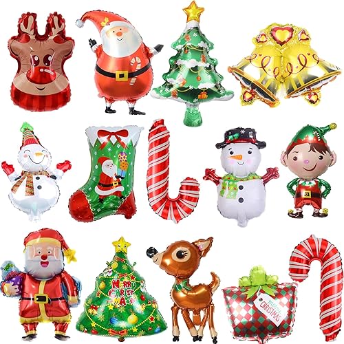 14 globos de papel de aluminio de Navidad para decoración de fiestas, incluye Papá Noel, reno, muñeco de nieve, alce, árbol de Navidad, bastón de