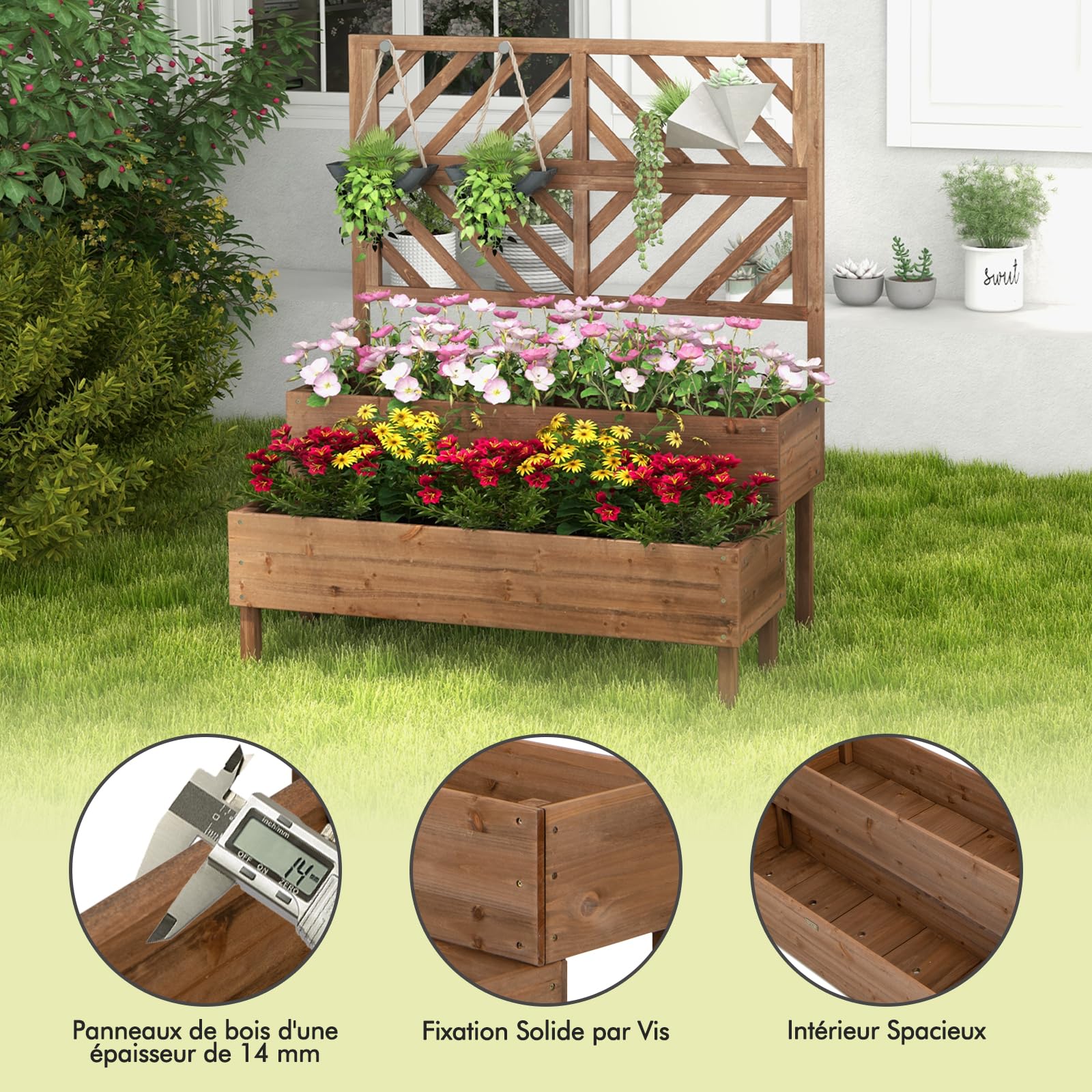 COSTWAY Jardinière 2 Niveaux avec Treillis en Bois de Sapin avec Trou de Drainage, Bac à Fleurs pour Plante Grimpante, Lit de Jardin Résistance aux Intempéries 109 x 62 x 135 cm (Marron)