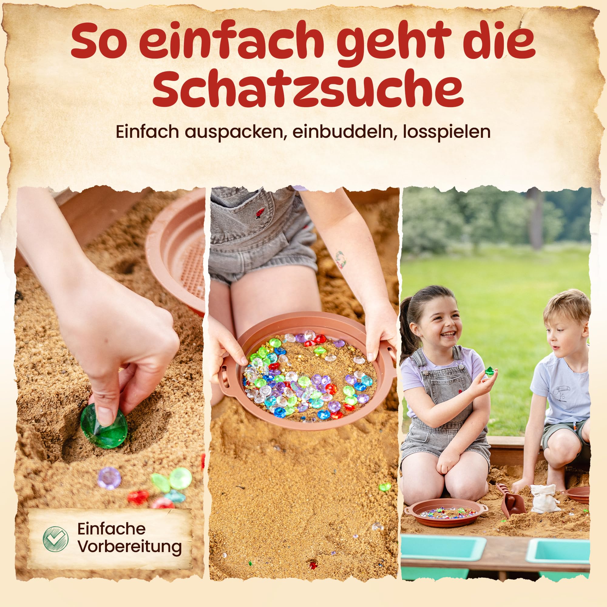DIAGO Schatzsuche Kindergeburtstag - Outdoor Spiele Set für Kinder mit Edelsteinen, Schatzkarte und Sandkasten Spielzeug - Schnitzeljagd ab 3 Jahren