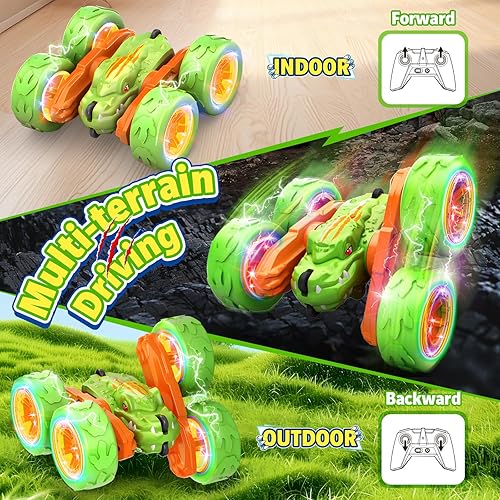 Miniatura 10 de SpringFlower Coche de juguete a control remoto para niños de 3, 4, 5, 6, 7, 8 años, autos RC recargables de dinosaurios, autos de acrobacias a