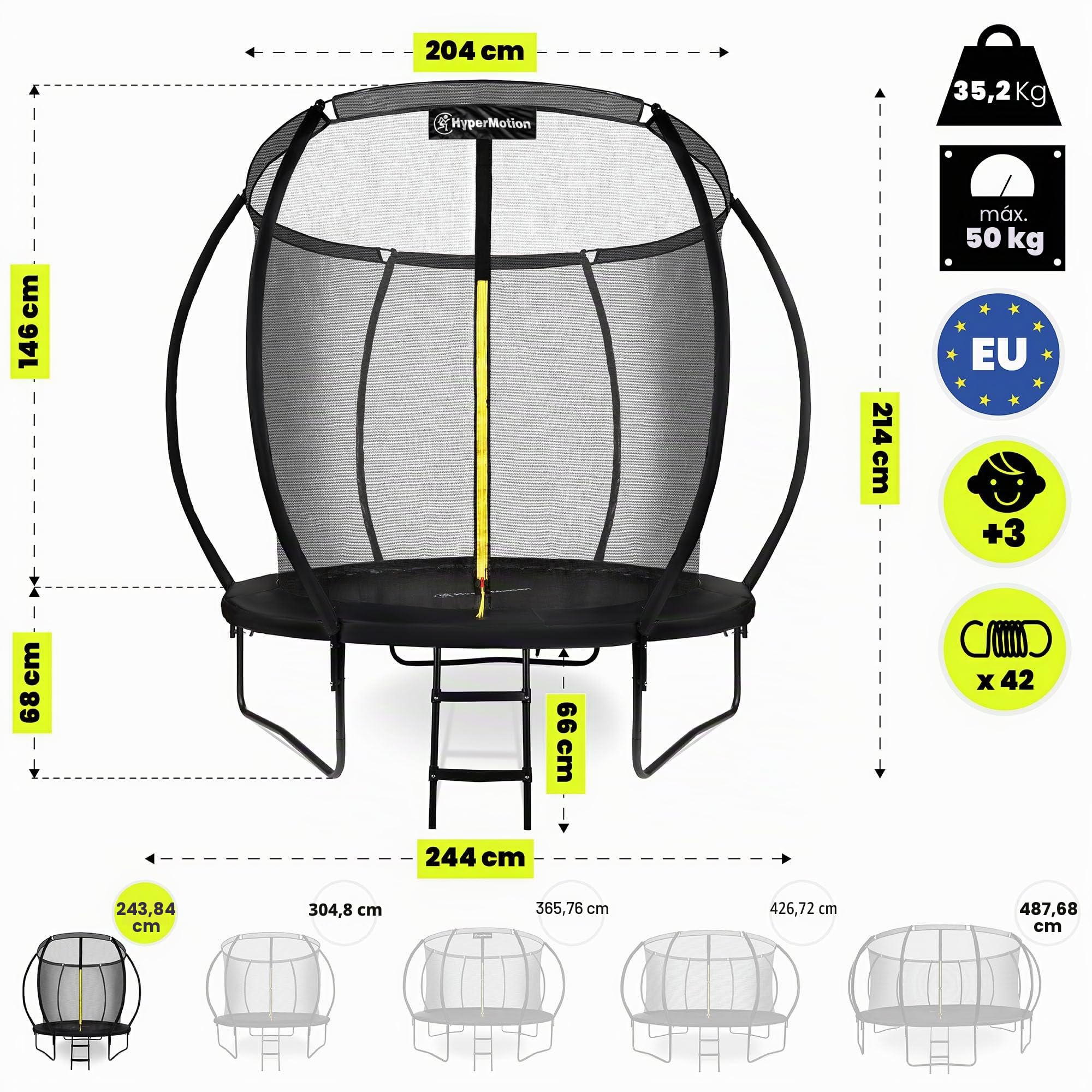 Hypermotion Cama Elastica Niños Exterior - Trampolín de Jardín 244/305/366/430/487 cm Trampolines para Niños con Red de Seguridad - De Secado rápido y Resistente al Agua – Rebote excelente