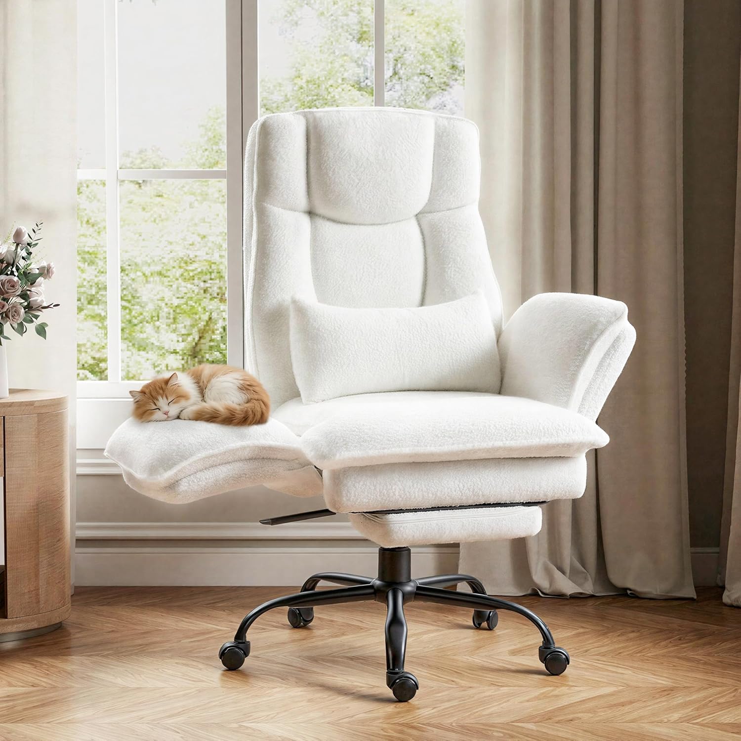 Office Chair,Big and Tall Heavy-Duty Executive Reclining Computer Gaming Chair with Foot Rest,Flip Armrest,Lumbar Pillow&Thicken Wider Seat for Criss Cross Legged Desk Vanity Chair,Teddy Fabric White