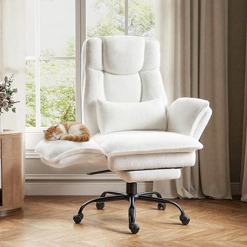 Office Chair 大号重型行政躺椅 带脚踏 翻转扶手 腰枕 加宽坐垫 白色