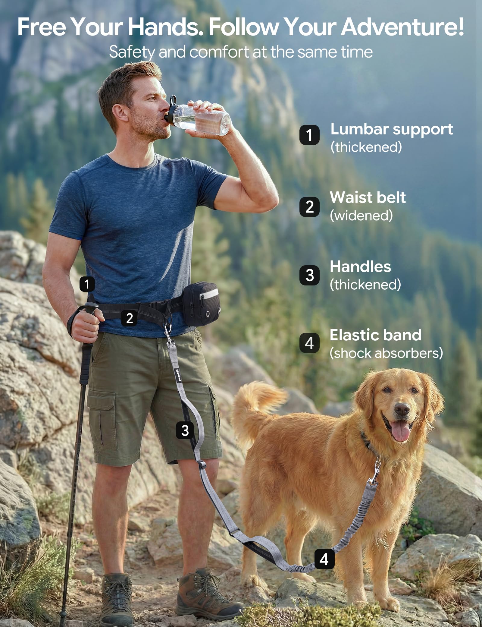 Pecute Correa Perro Cintura Antitirones, Correas Manos Libres con Bolsillo Impermeable & Desmontable, Doble Asa, Cuerda Elástica Amortiguadora, Adecuado para Correr, Caminar y Entrenar, para 15-55kg