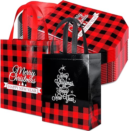 Paterr Paquete de 24 bolsas de regalo de Navidad de 12 pulgadas, bolsas de regalo a cuadros de búfalo con asas, bolsas de regalo no tejidas, bolsas disponible en Yaxa El Salvador