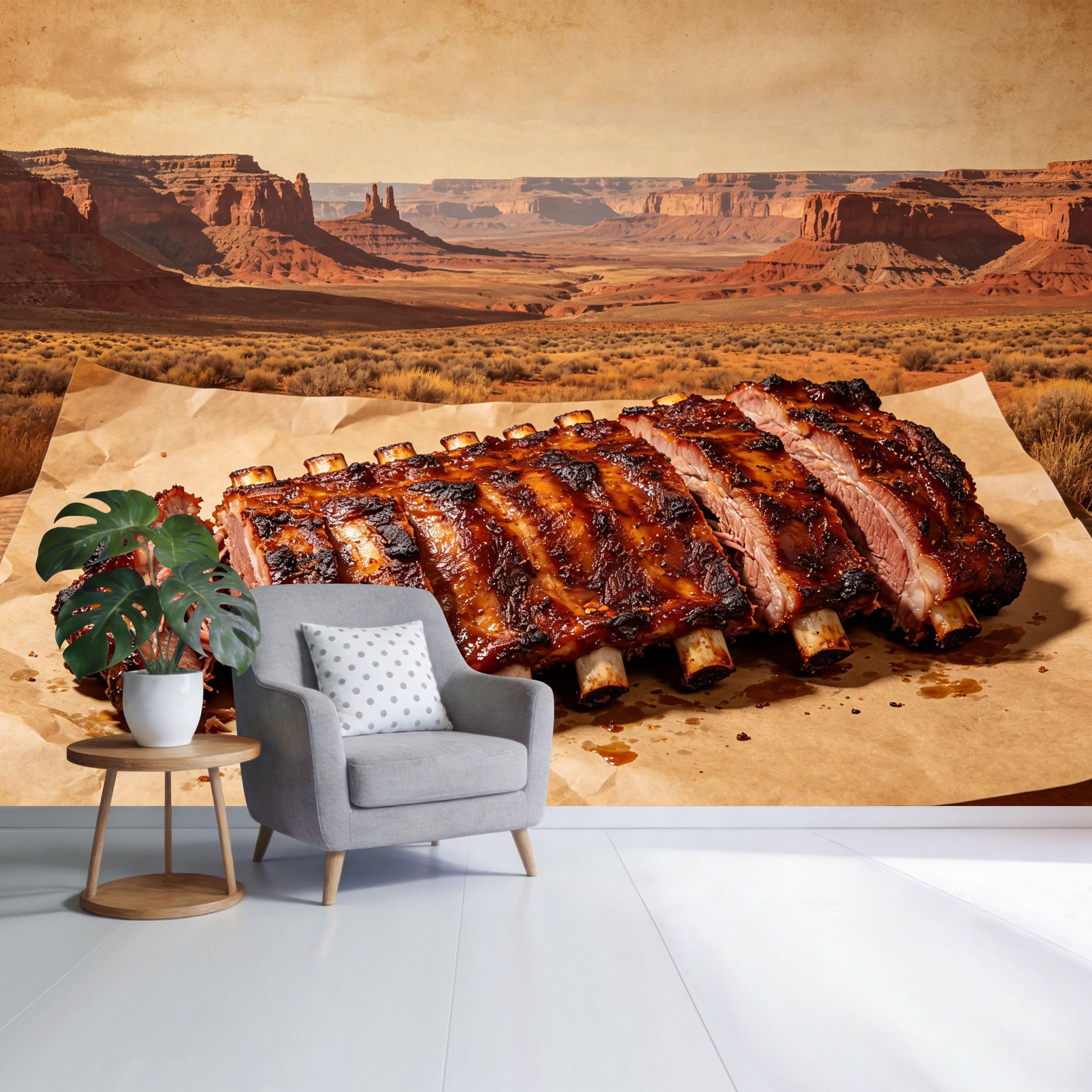 Custom Size Wall Mural Western BBQ Ribs Desert Canyon Landscape Rustic American Country Style SelfAdhesive Wall Fabric Removable Wallpaper for Home Office Decor