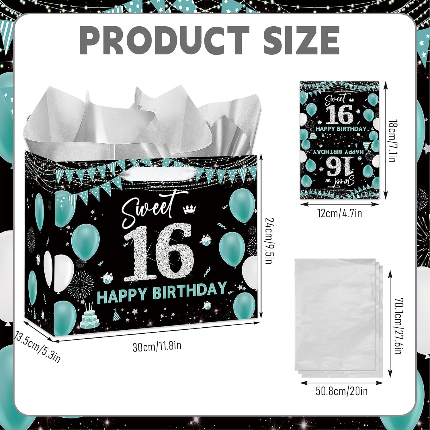 HZRNNA Large 16th Birthday Gift Bag, Sweet 16 Gift Bag with Card and Tissue Paper for Girls, Boys, Teens, Sixteen Years Old Bday Party Decoration Supplies image 3