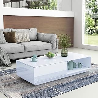 BESTWANTED Coffee Table, Coffee Table with Storage, White Gloss Coffee Table for Living Room Rectangle Centre Table with Drawer and Open Shelf Home Office Furniture 95 x 55 x 31cm