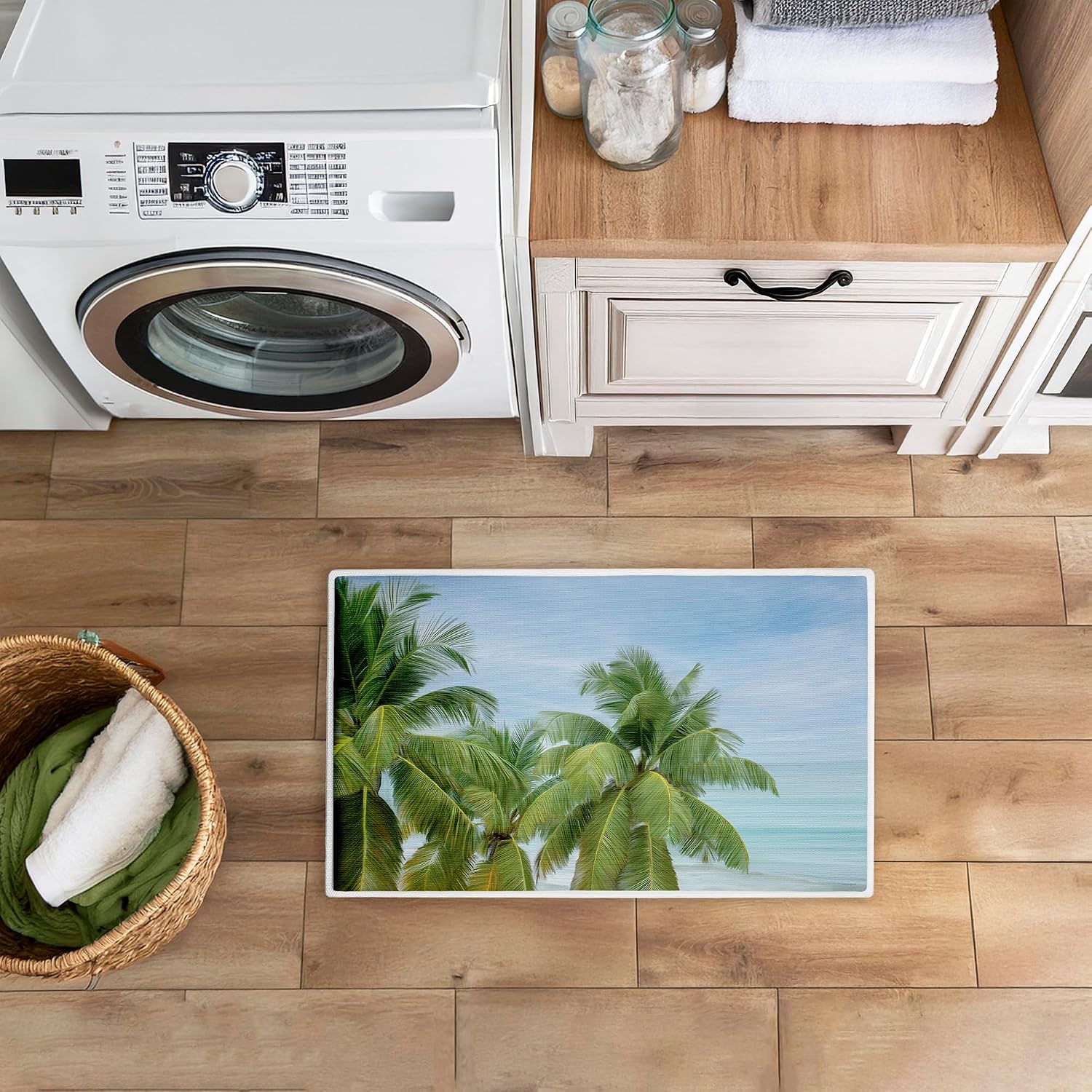 Tropical Palms Overlooking Ocean Plush Bathroom Mat & Bath Rug, Soft Quick-Dry Non-Slip Bathroom Rug with Recycled Foam Cushion, Tropical Coastal Palm Design by Seven Trees Design, 18"x30"