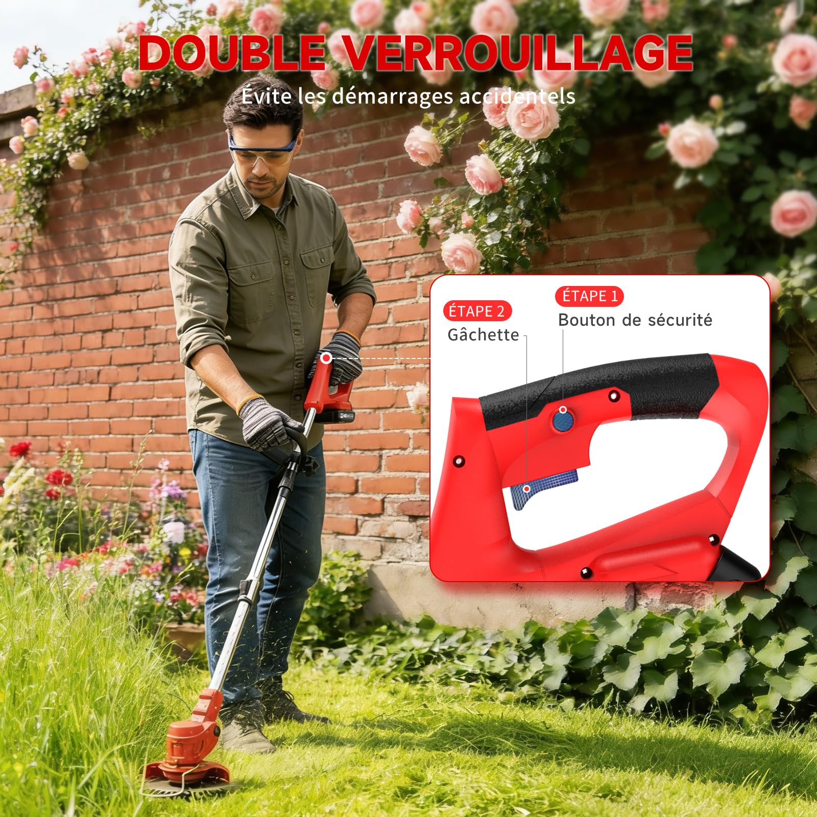 Debroussailleuse Electrique sans Fil 850W Rotofil Batterie 1.8kg Pliable 60cm Manche Telescopique 2X 2000mAh 26 Lames 4 Types pour Entretien Jardin (Rouge Velours)