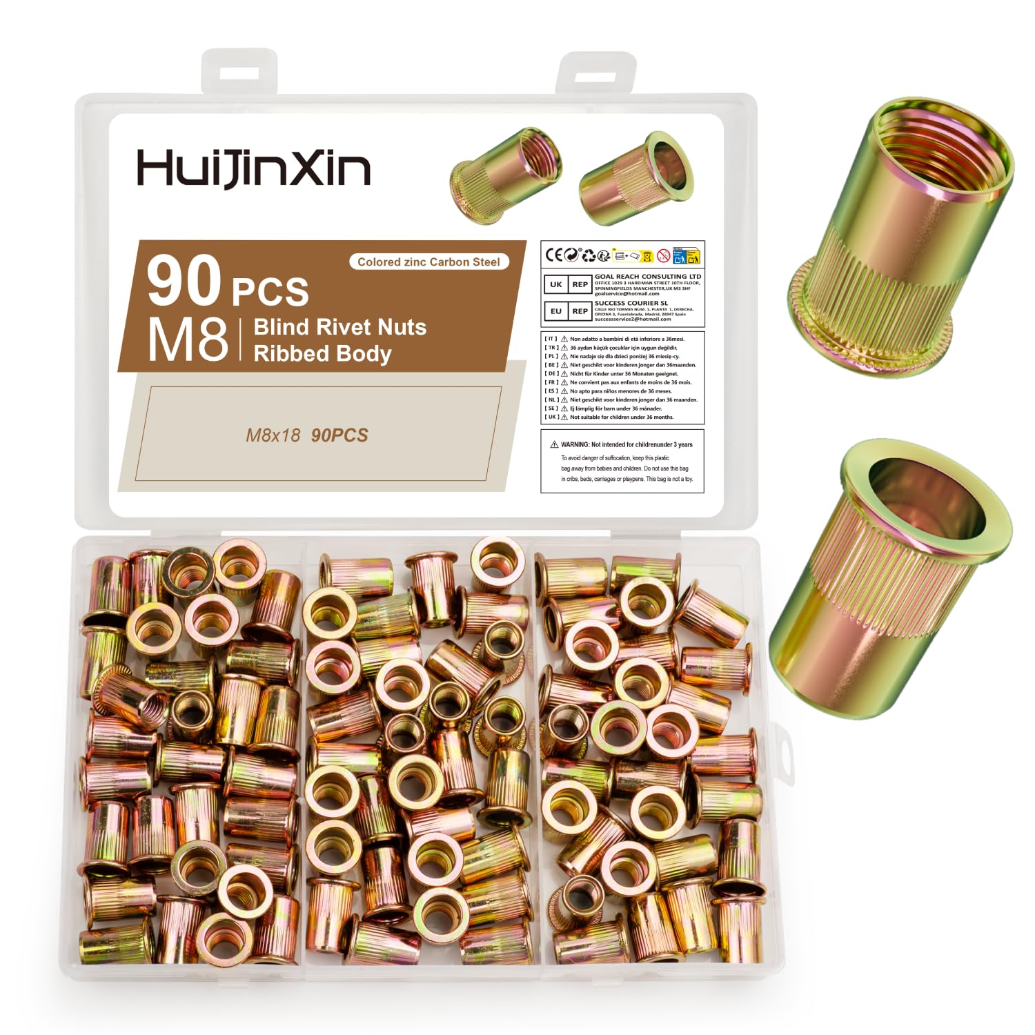 90 Pcs Rivet Nuts Kit, Rivnuts Kit, M8 Flat Head Threaded Insert Nuts, Carbon Steel Threaded Insert Nutsert Blind Rivet Inserts Nut Assortment Set for for Metal Sheets Wood Electrical