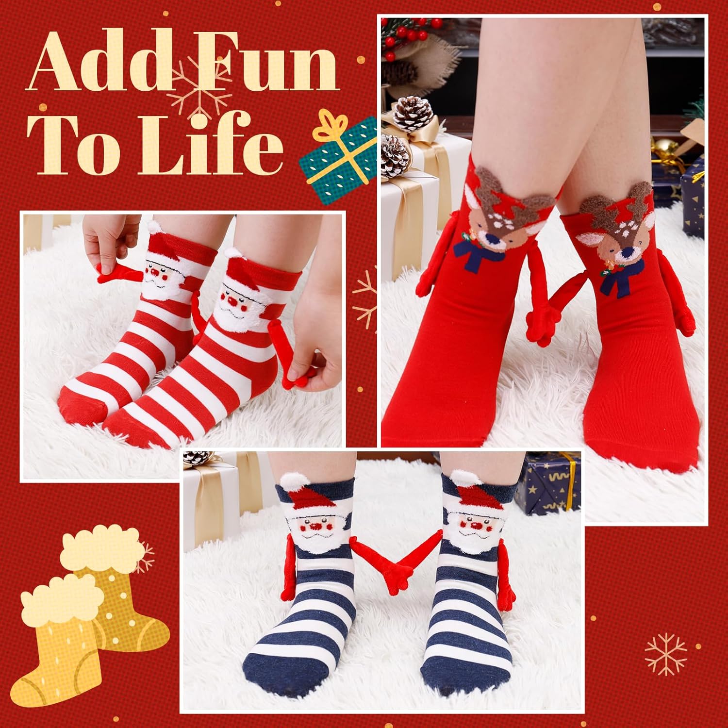 Jspupifip 4 Pairs Christmas Holding Hands Socks, Couple Funny Magnetic Suction 3D Doll Socks, Unisex Mid-Tube Cute Sock - Image 4