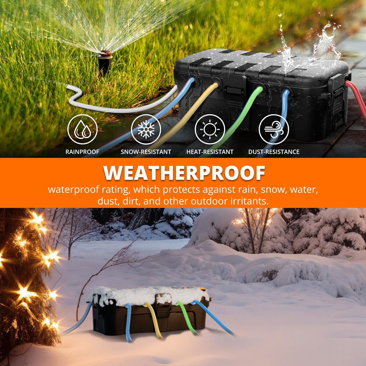 QUOBAS Outdoor Waterproof Electrical Box with 6 Cable Ports, IP54 Weatherproof Heavy-Duty Extension Cord Cover for Power Strips, Garden Power Tools, Holiday Lights, Black