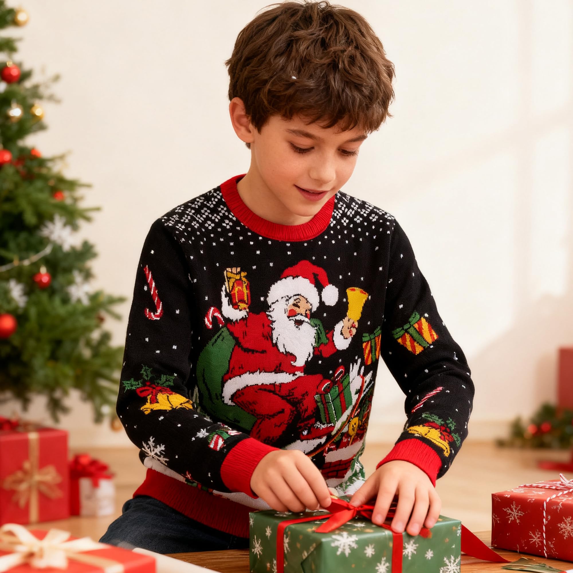 Kids4ever Niños Unisex Suéter de Navidad Jersey de Punto Reno Rudolph Prendas de Punto Cálido Manga Larga Cuello Redondo Navidad Punto Jersey Sudadera Top de Invierno para niños niñas 7-13 años
