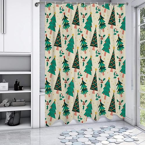 Miniatura 2 de Cortina de ducha con árbol de Navidad, diseño retro de árbol de Navidad, diseño de estrella de árbol de Navidad, cortinas de baño de tela