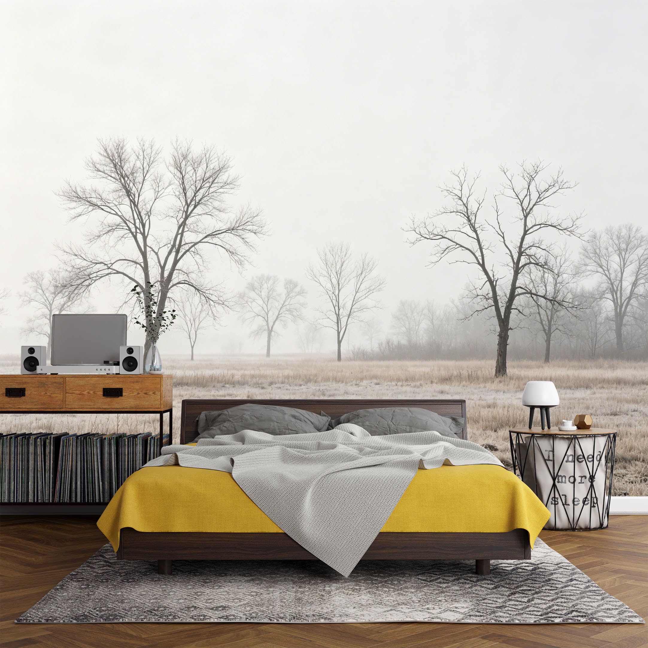 Custom Size Wall Mural， Winter Landscape Frosted Trees Misty Field Nature Scenery，SelfAdhesive Art Prints wall Fabric (No PVC) Removable Wallpaper Living Room Decor