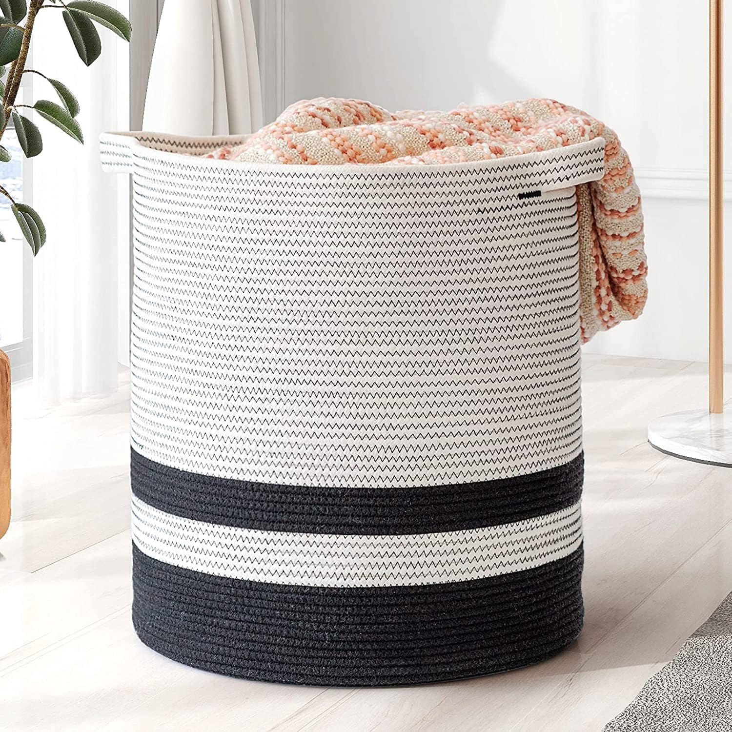 Alby Large Jute Rope Basket - Tall Laundry Basket Hamper for Dirty Clothes Woven Jute Storage Basket for Blanket in Living Room Toy Basket for Nursery Storage,WHITE mix (X-Large 16 X 22 INCH)