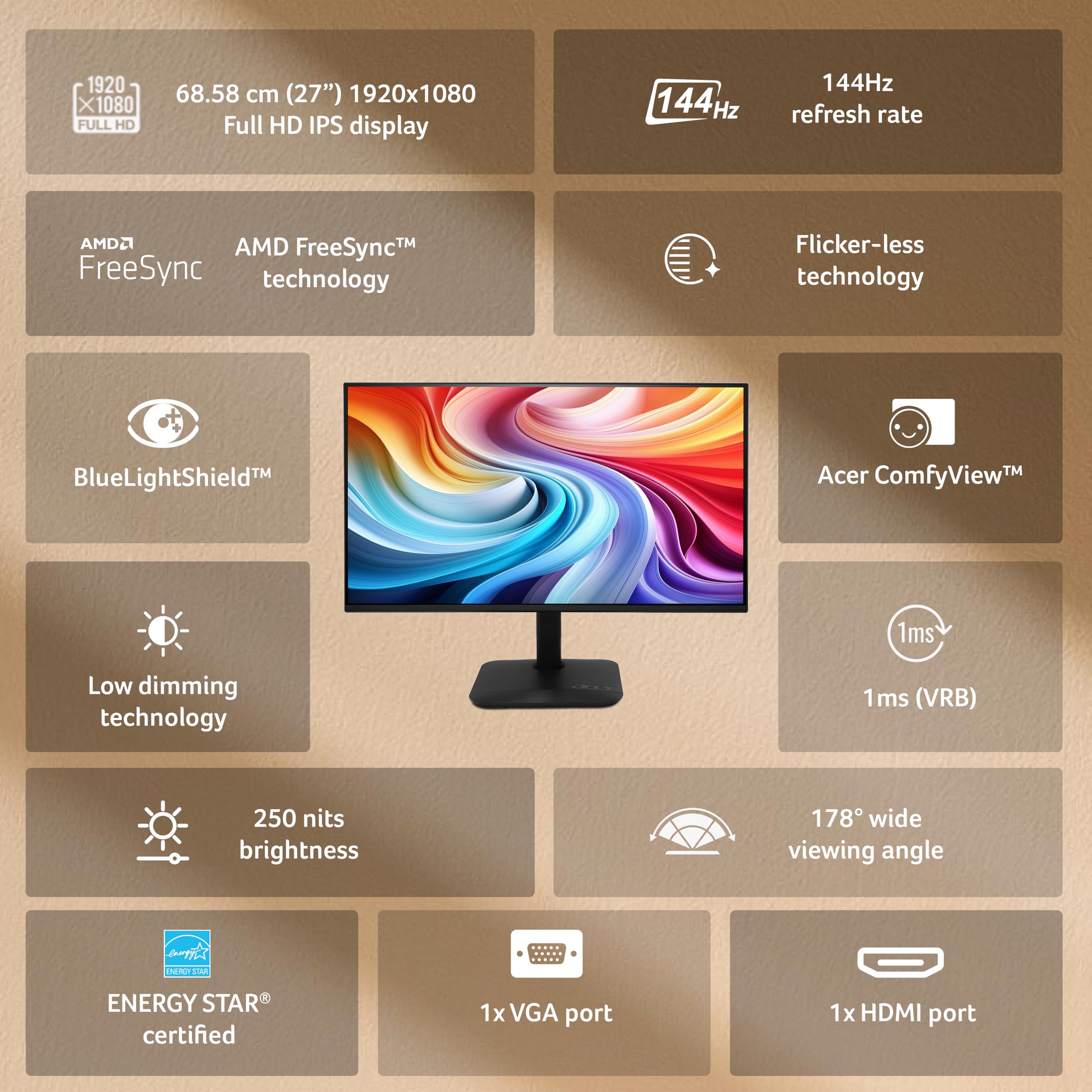 Acer KA270 P6 27 Inch IPS Full HD Backlit LED Monitor I 144Hz Refresh Rate, 1MS VRB, AMD FreeSync I 99% sRGB I 1 x VGA 1 x HDMI with Inbox HDMI Cable I Zero Frame Design I Eye Care I Stereo Speakers — Amazon image 9