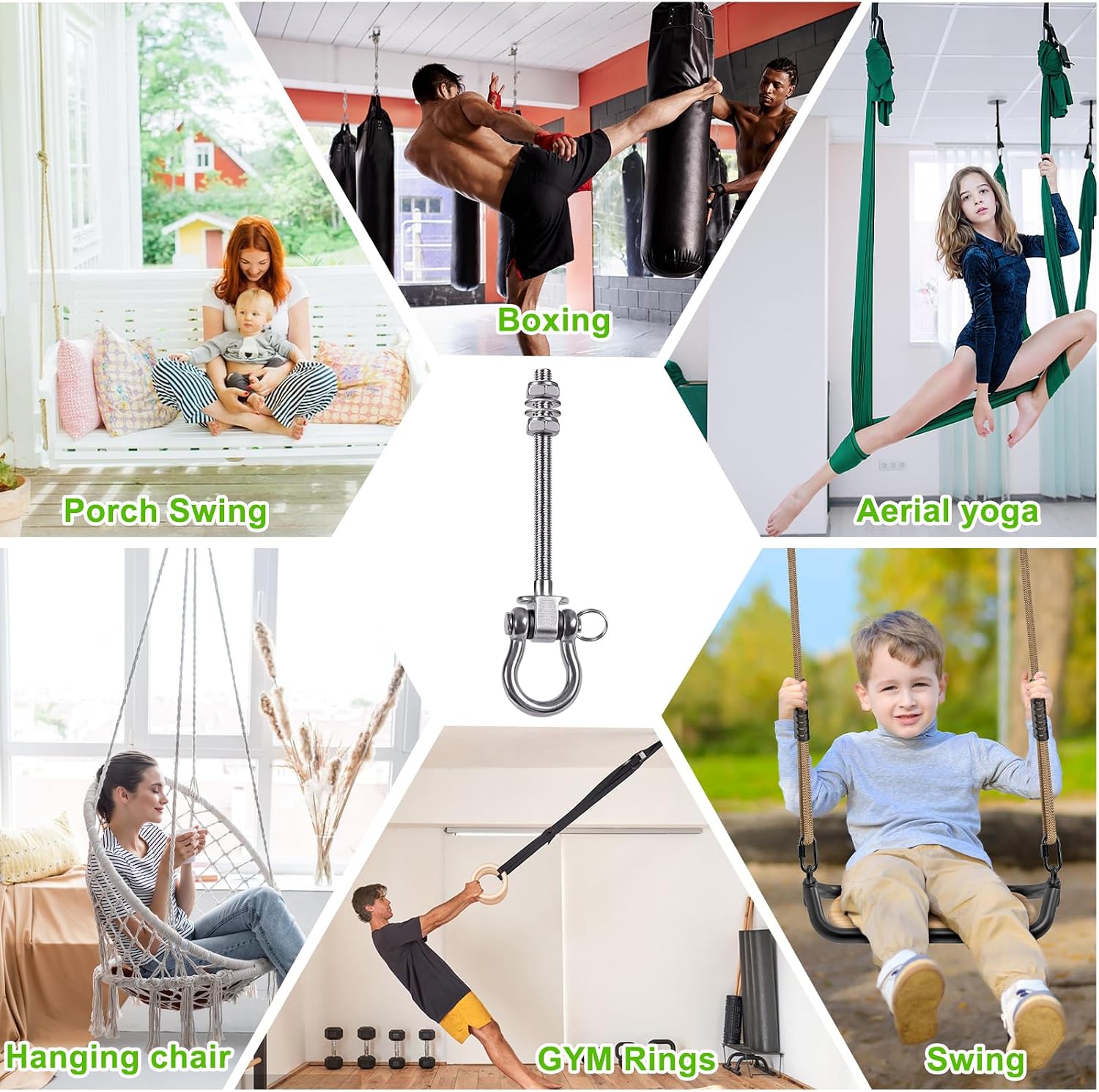 SELEWARE Heavy Duty Swing Hangers with Silent Bearings, 1500LB Capacity Stainless Steel Swing Hardware Kit (4 Pack), M10 x 6 4/5" Bolts for Wood/Steel Beams, Porch Swings, Yoga Hammocks, Gym Rings