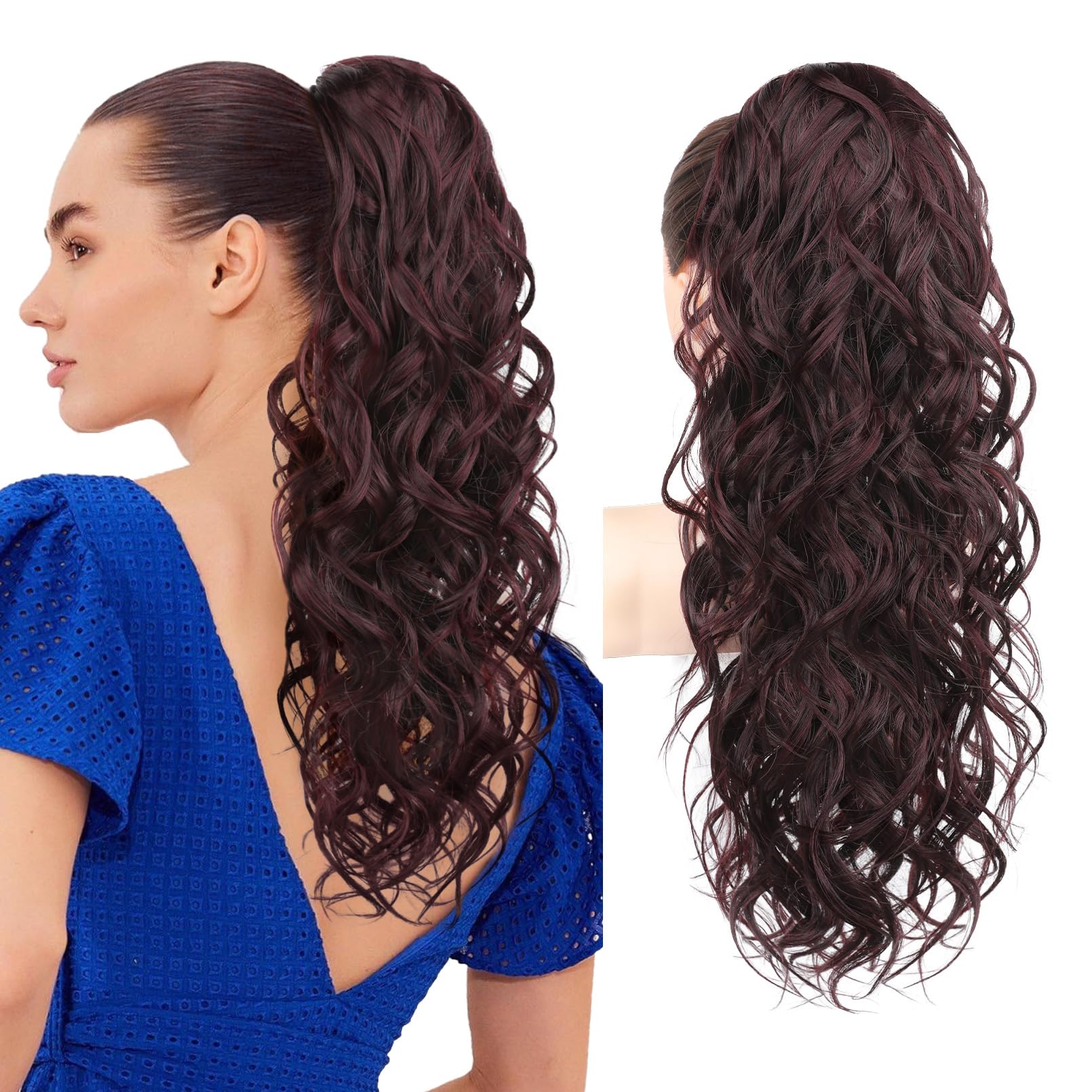 REECHO Ponytail Extension, 24" Claw Clip Ponytail Extension Wavy Ponytails Hair Extensions Jaw Clip on Pony Tails Natural Synthetic Hairpiece for