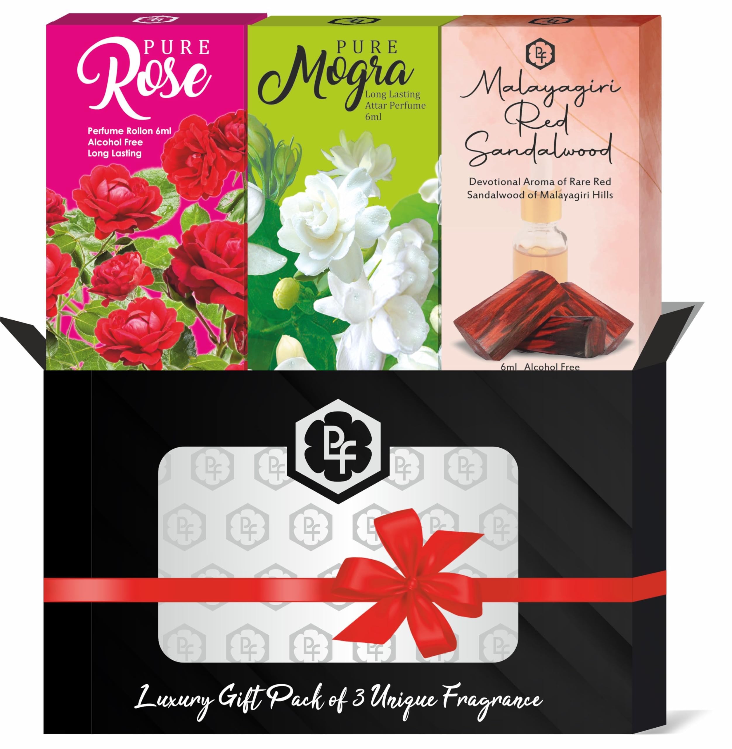 Parag fragrancesTrio Attar Perfume Roll-on Gift Set 6ml x 3pc of (Pure Rose/Pure Mogra/Red Sandalwood)