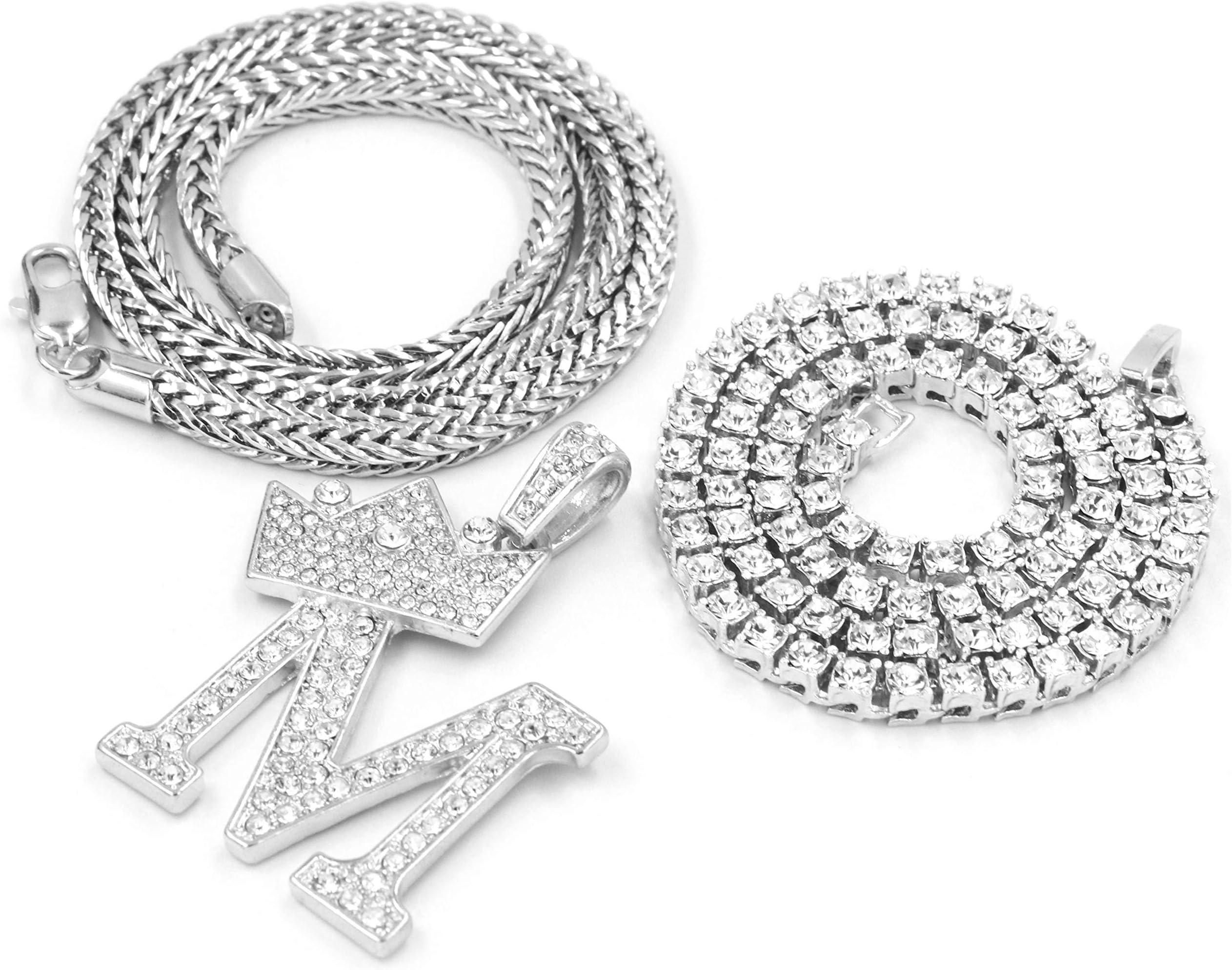 Raonhazae Hip Hop Iced Out King Crown M Initial Pendant W/ 4mm Franco Chain/Tennis Choker Chain