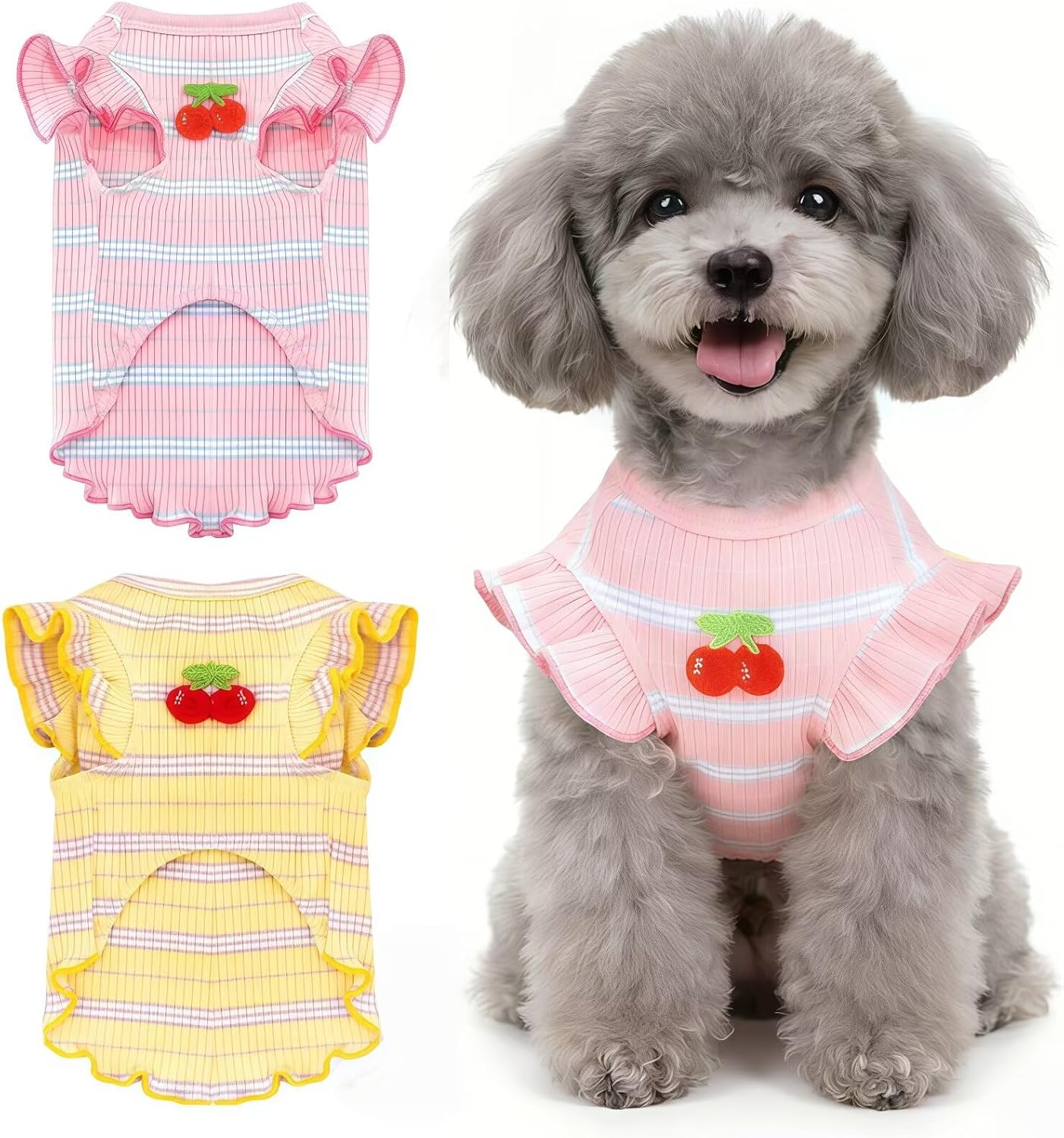 Dog Clothes for Girl Small Dogs Cat Cherry Dog Shirts with Sleeveless Striped Breathable Soft Cotton Puppy Outfits Round Neck Pet Tank Top Chihuahu Tshirt Spring Summer 2 Pack Pink+Yellow （S）