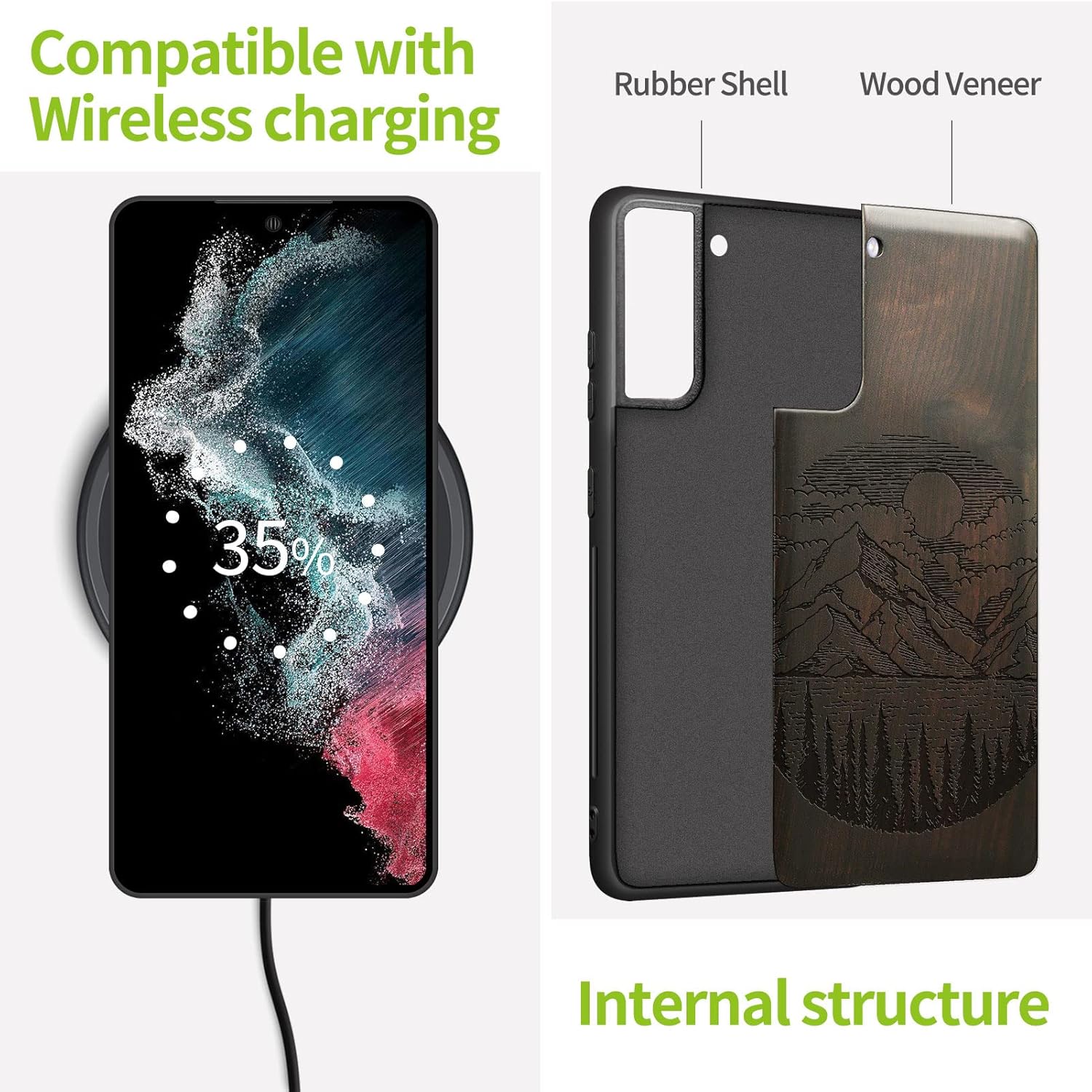 Carveit Wood Case for Galaxy S21 FE Case [Natural Wood & Soft TPU] Shockproof Hybrid Protective Unique Wooden Cover Compatible with Samsung S21 FE 5G (Alpine Lake Carving-Blackwood)