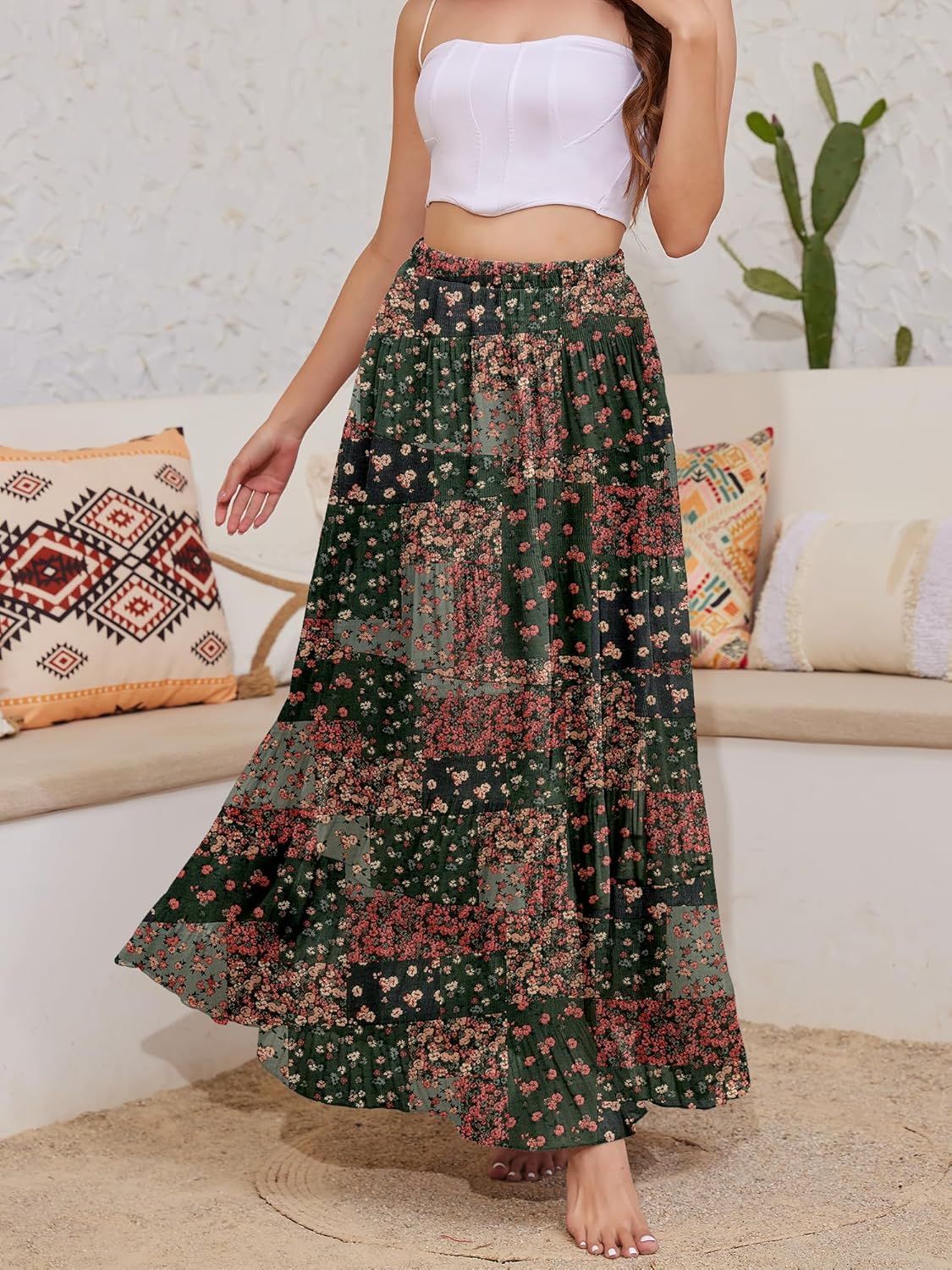 Women's Maxi Skirt with Pockets High Waisted Casual A-Line Pleated Long Skirts