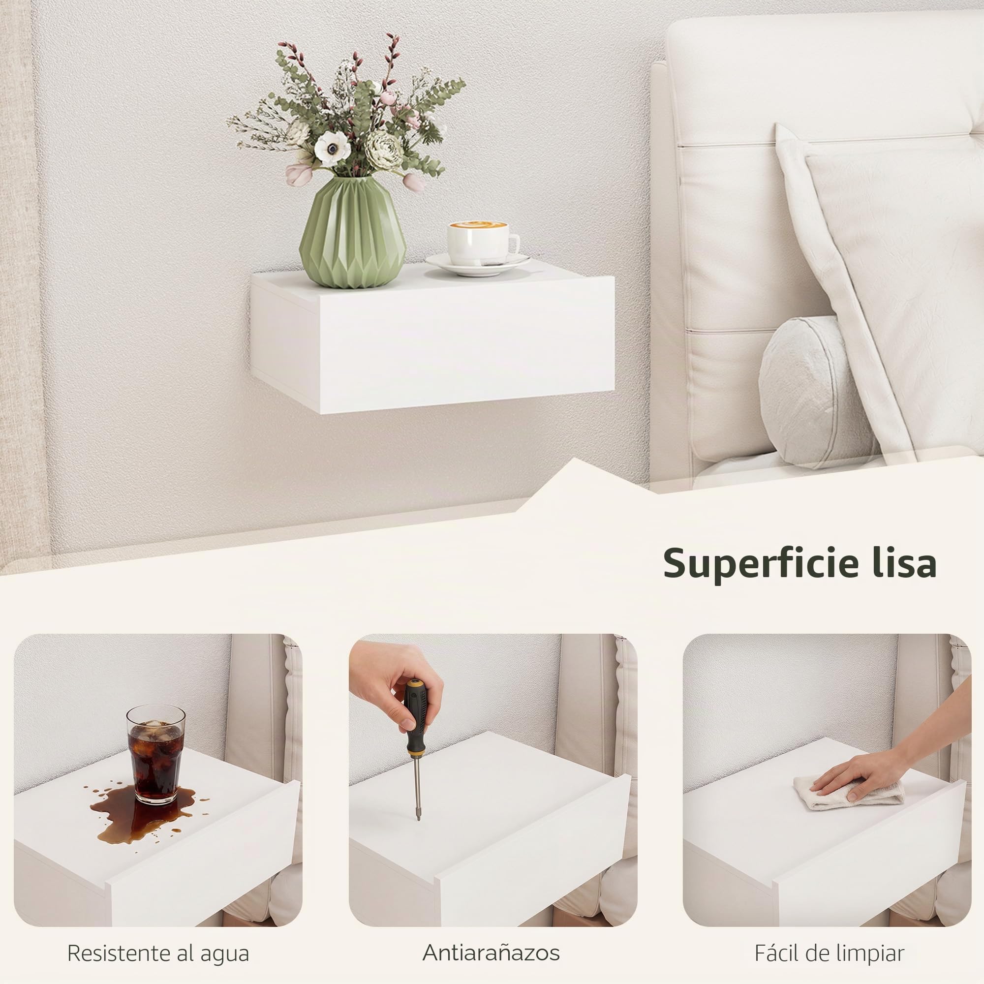 HOMCOM Set de 2 Mesitas de Noche Flotantes con 1 Cajón Diseño Montado en la Pared Estilo Moderno para Dormitorio 40x30x15 cm Blanco
