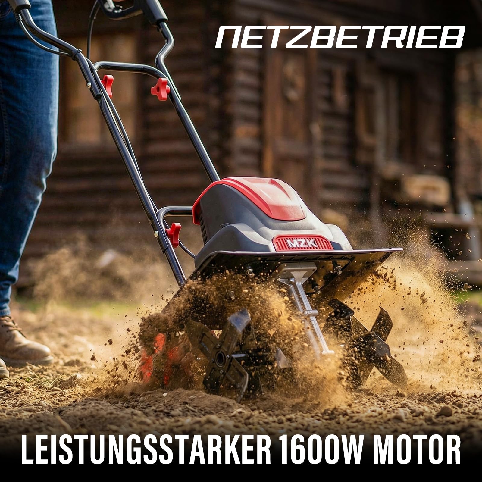MZK 41cm Arbeitsbreite1600W Elektrische Bodenhacke mit 21cm Arbeitstiefe, klappbarem Handgriff und Transporträdern, Motorhacke für Rasen, Garten und Hof