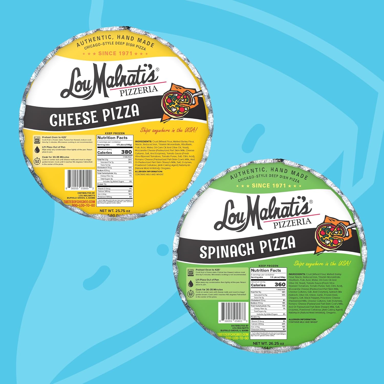 Lou Malnati’s Chicago Deep Dish Pizza, 2-Pack (1 Cheese, 1 Spinach) | Handmade, Restaurant Quality