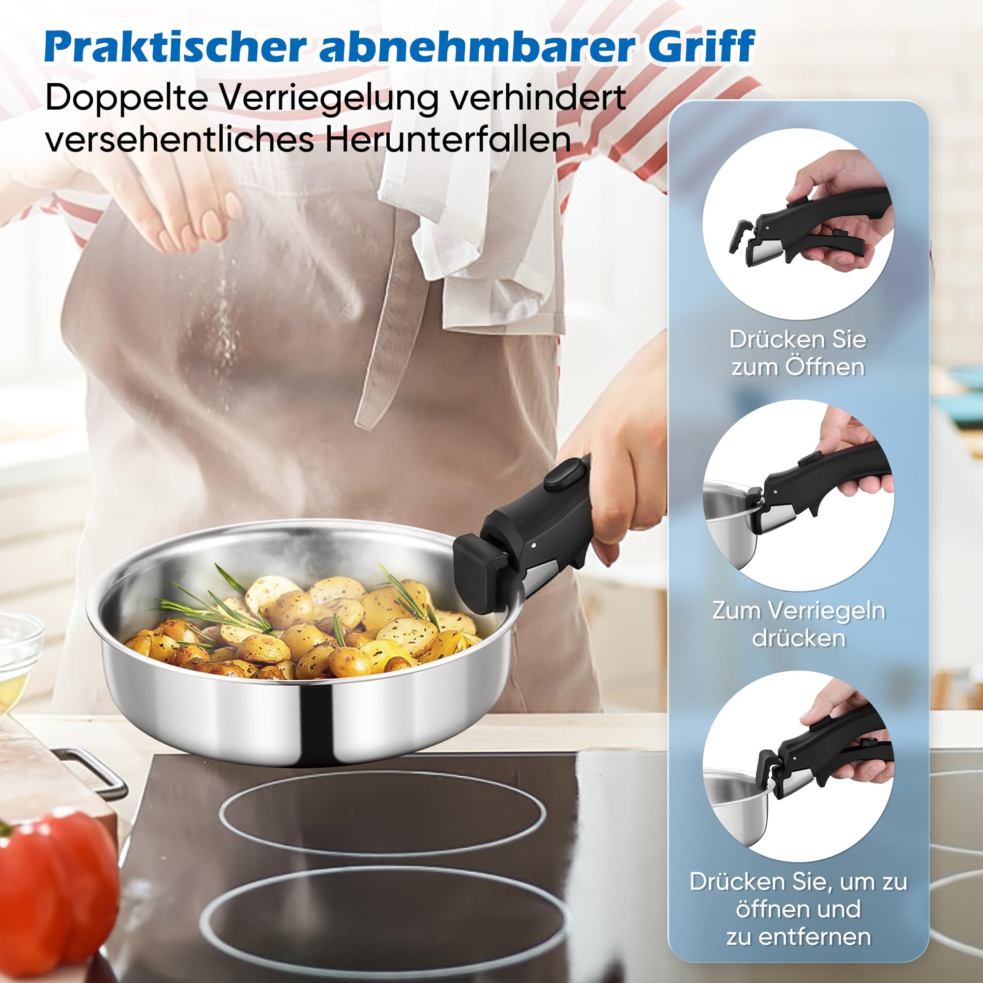 Joyfair Topfset, 9-Teilig Edelstahl Pfannenset mit Abnehmbarer Griff, Stapelbar Induktion Topfsets mit Bratpfanne, Kochtopf, Schmortopf und Deckel, für Alle Herdarten, Backofenfest & Spülmaschinenfest