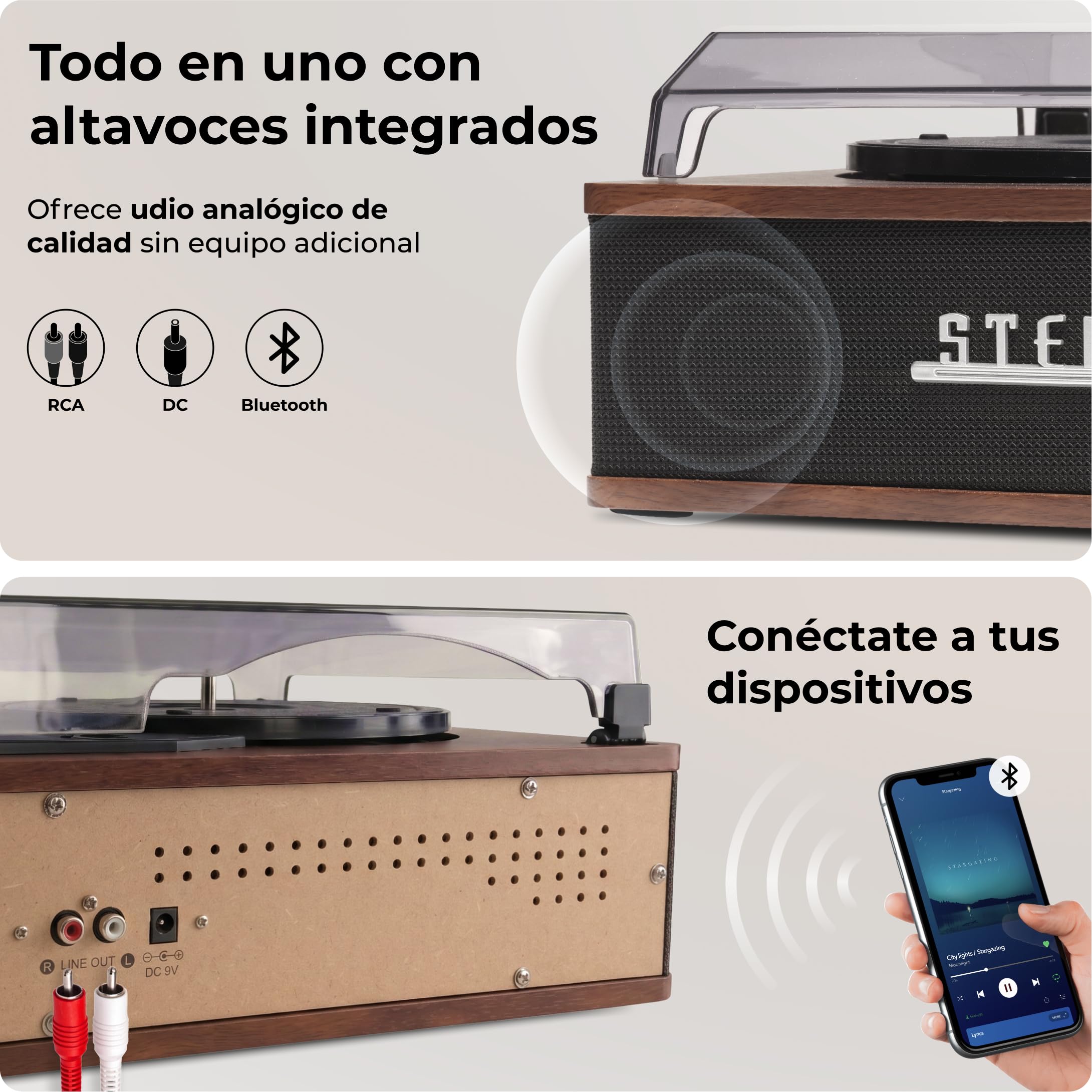 Tocadiscos retro con Bluetooth y altavoces integrados, Denver VPB‑262 Multi-Speed Turntable Music System (33 ⅓ / 45 / 78 RPM) con línea de salida y parada automática