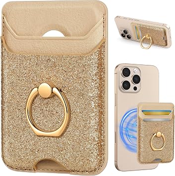 Shorogyt Compatible with Magsafe Wallet with Ring, Glitter Gold