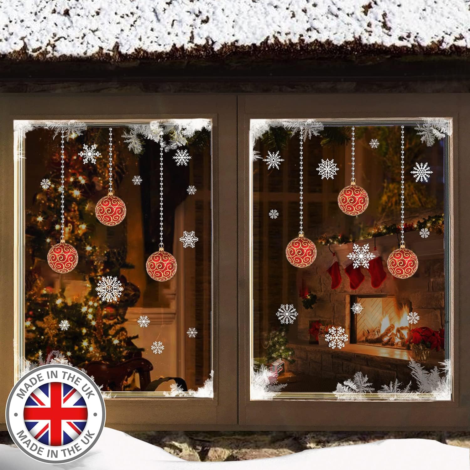 Pack of 2 Christmas Stained Glass Bauble Candle Arch Snowflake Window Stickers Cling (Bauble red) - Image 3