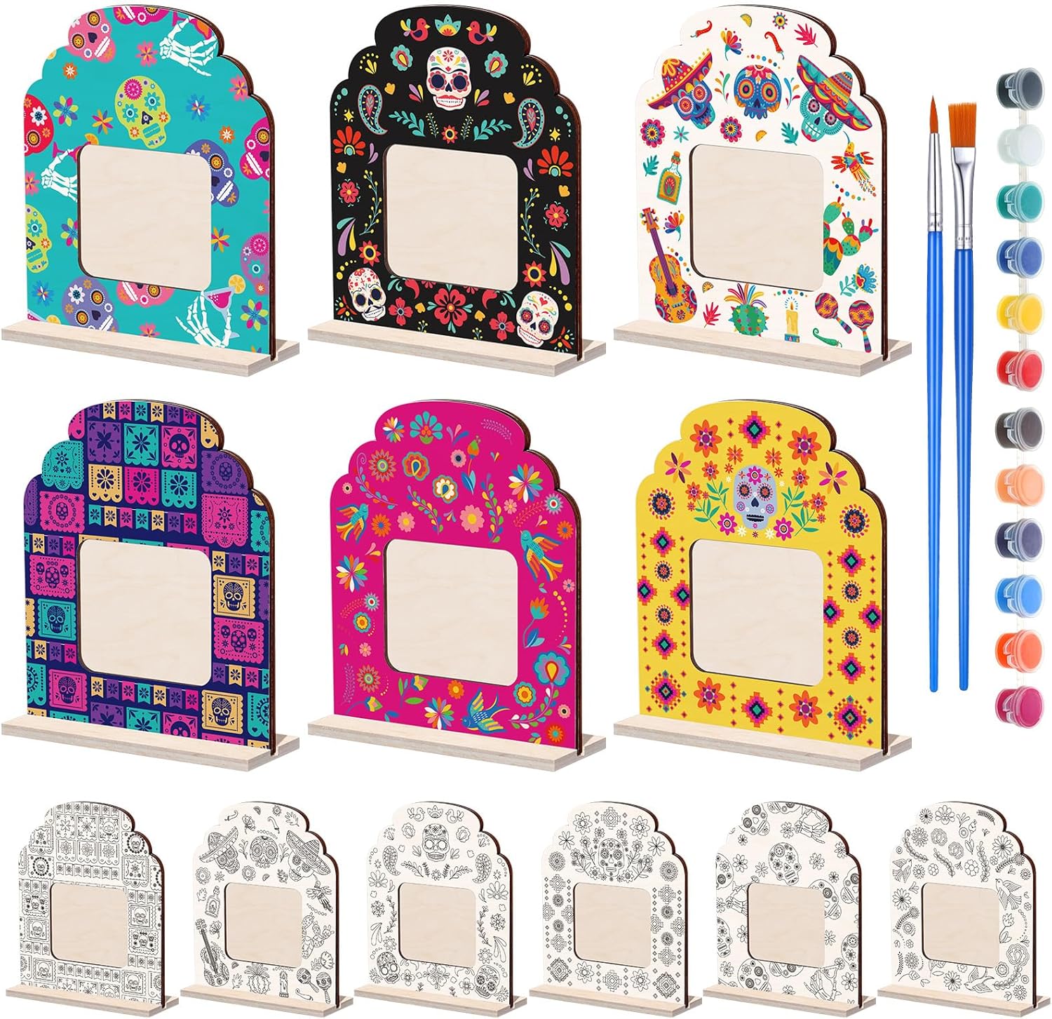 Vercraft 24 Sets Wood Day of The Dead Picture Frame Craft Kits for Color Your Own Wooden Dia De Los Muertos Altar Coloring Picture Frame for Day of The Dead Gift Tabletop Home Party Decorations