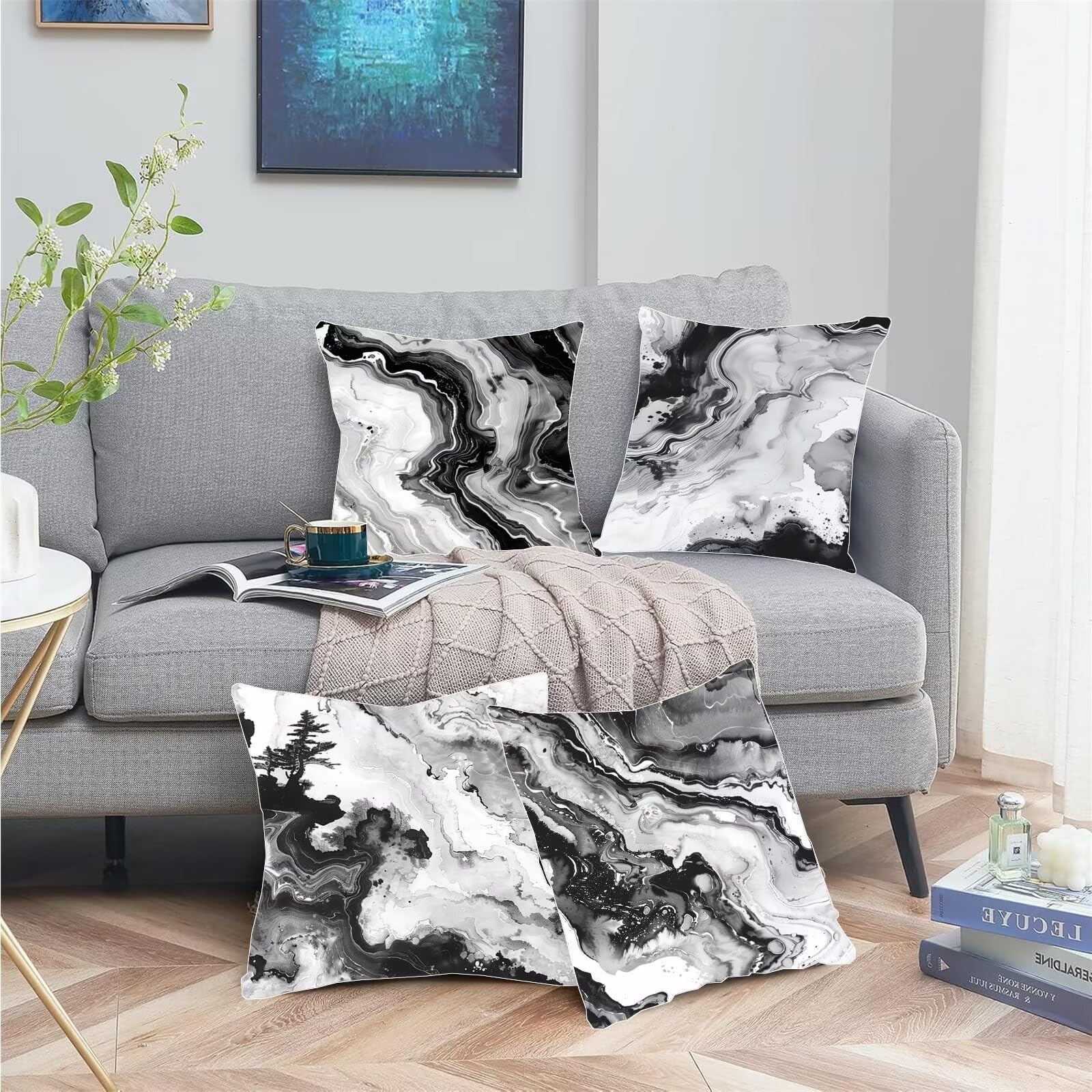 Cuscini Bianco E Nero 4 Confezioni, Fodere Cuscini 55x55cm Marmo Decorazione in Lino Super Morbido Federa Cuscino Dotato di Cerniera Invisibile per la Divano Camera da Letto Esterno (Lino) A-216