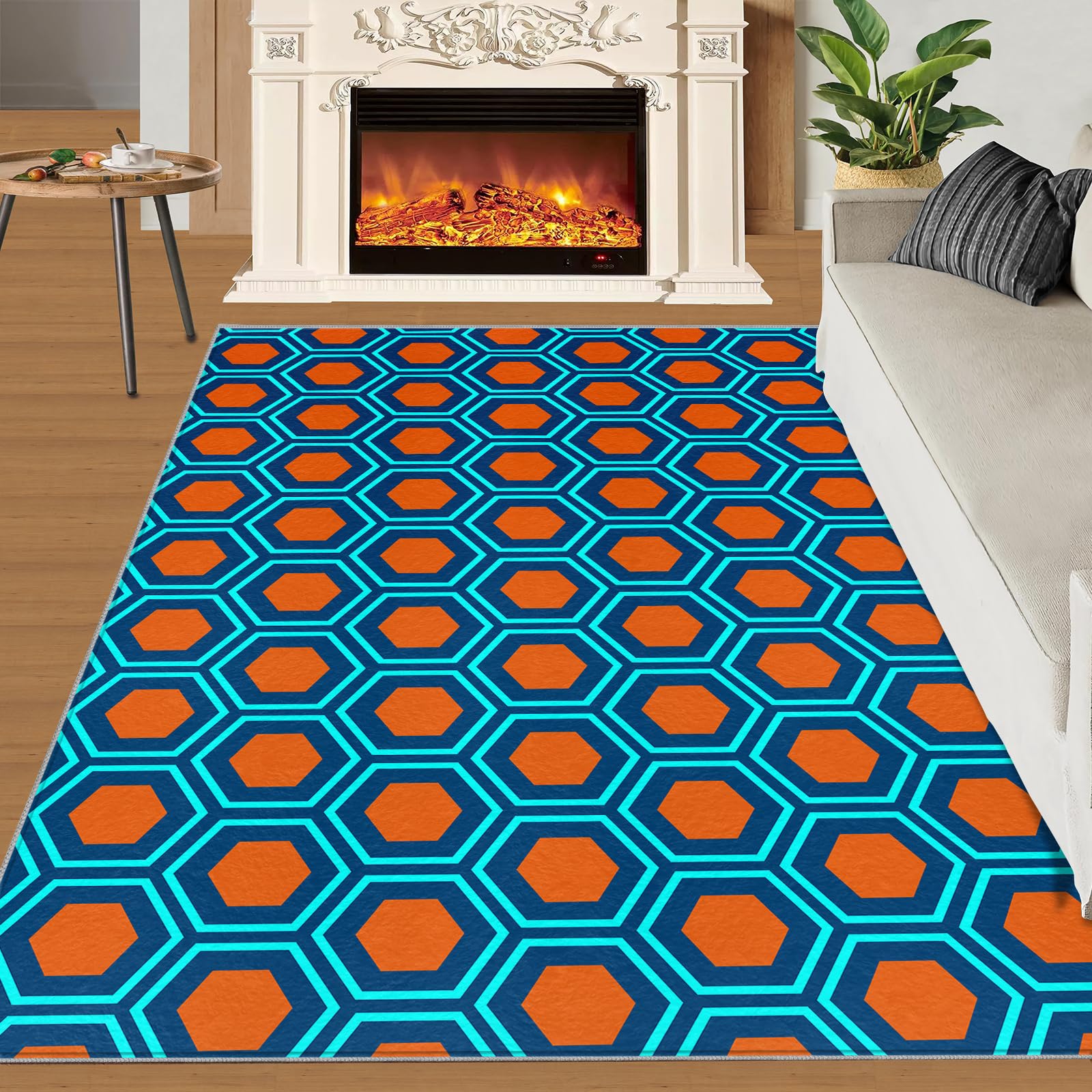 150 x 240 cm, zmywalny dywan o strukturze plastra miodu sześciokątny geometryczny wzór w kolorze granatowym pomarańczowym i czerwonym średniowiecznym dywan do wnętrz mata wodoodporna do podłóg z